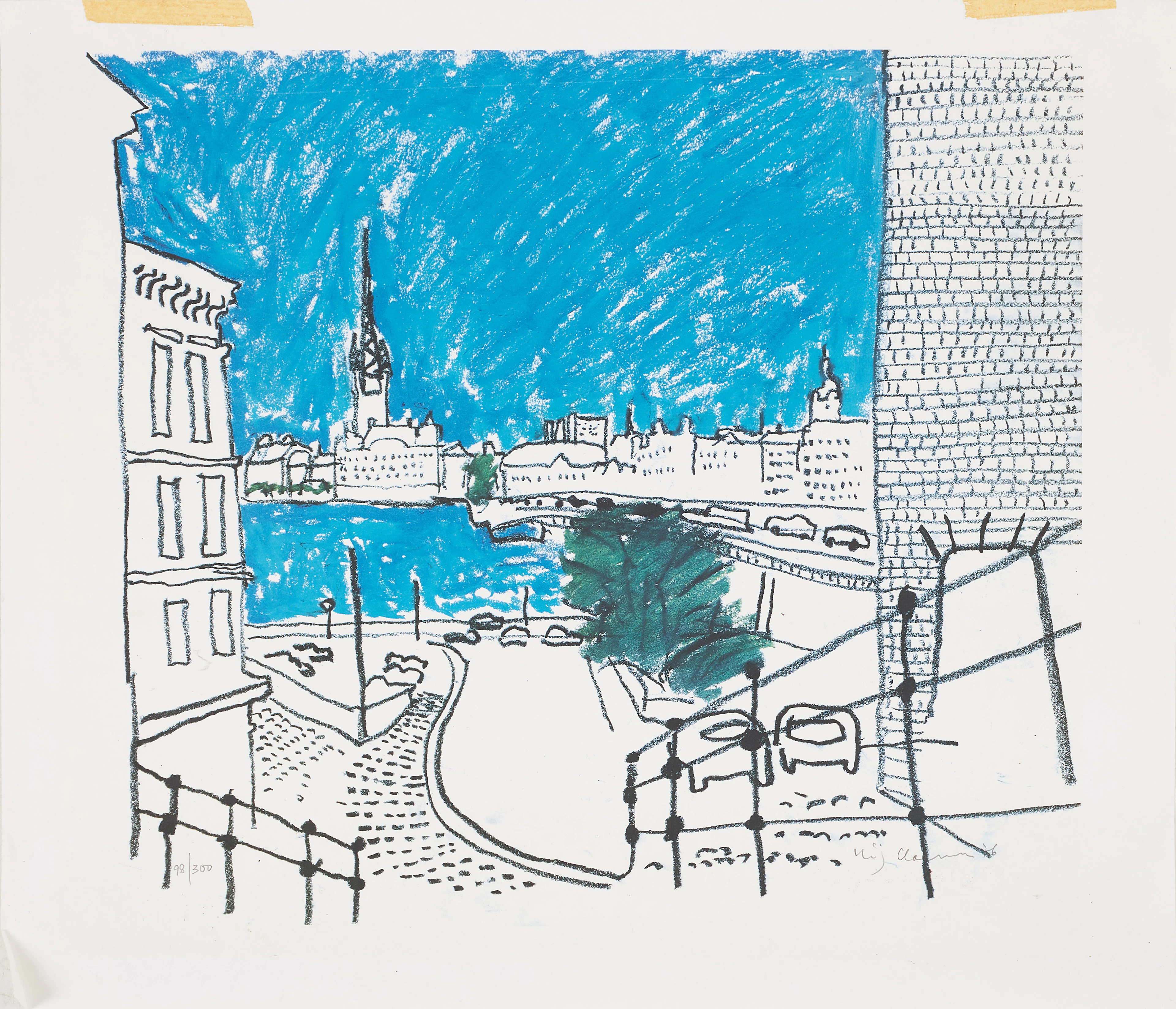 STIG "SLAS" CLAESSON (1928-2008). Utsikt mot Riddarholmen, Pustergränd