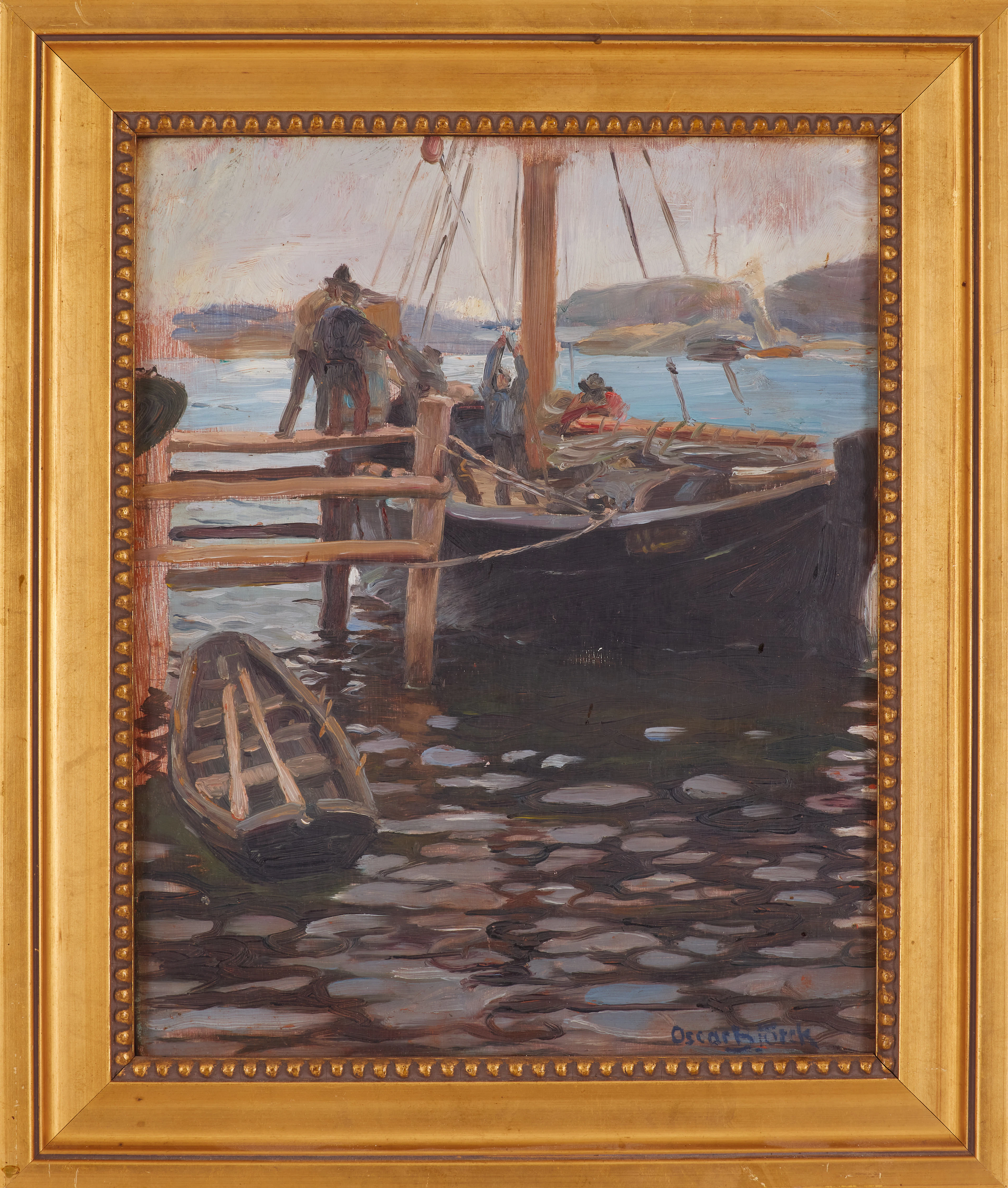 OSCAR BJÖRCK. Fiskebåt, olja på pannå, signerad.