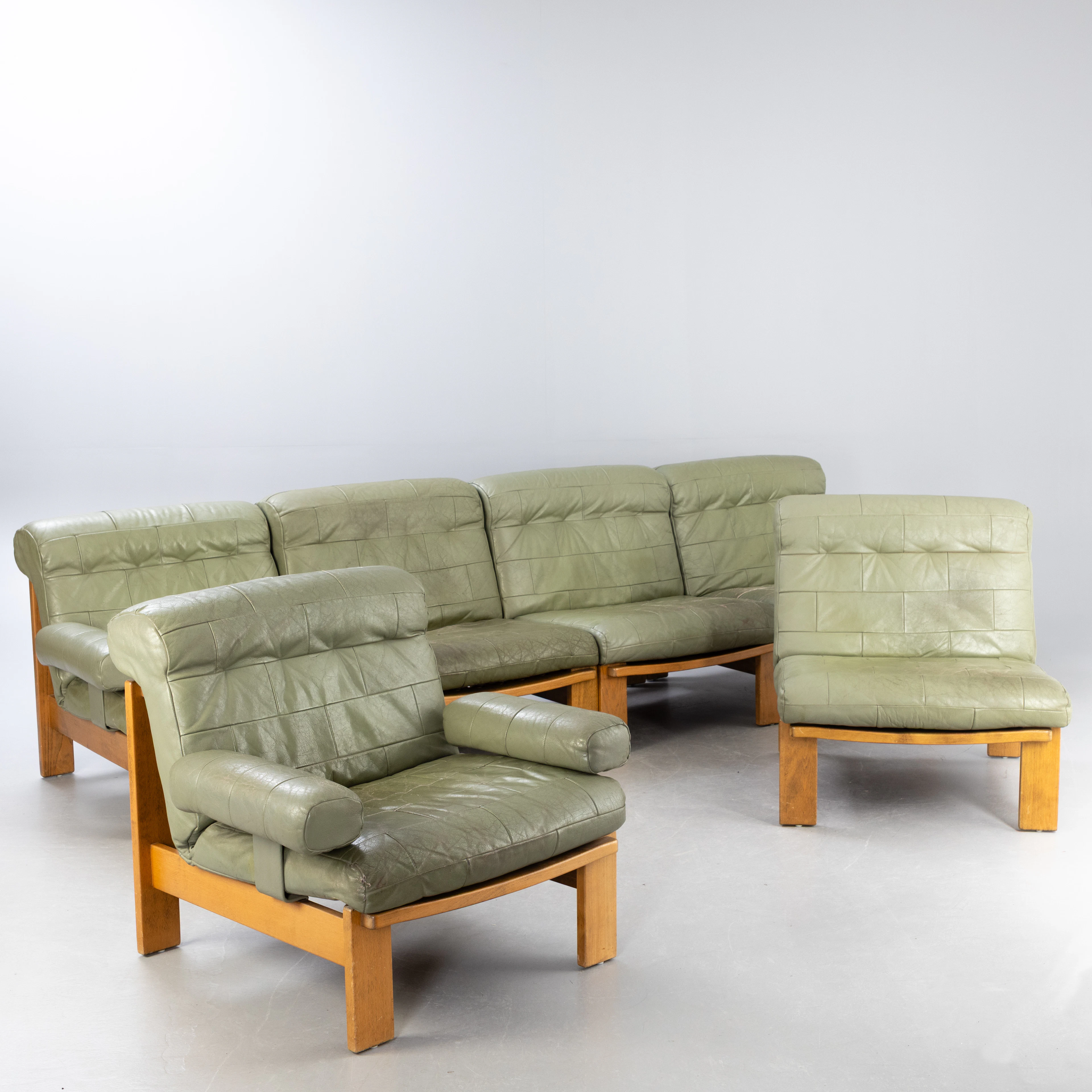 ROLF BENZ. Sechsteiliges Modulsofa Patchworkleder, 1970er Jahre, Deutschland