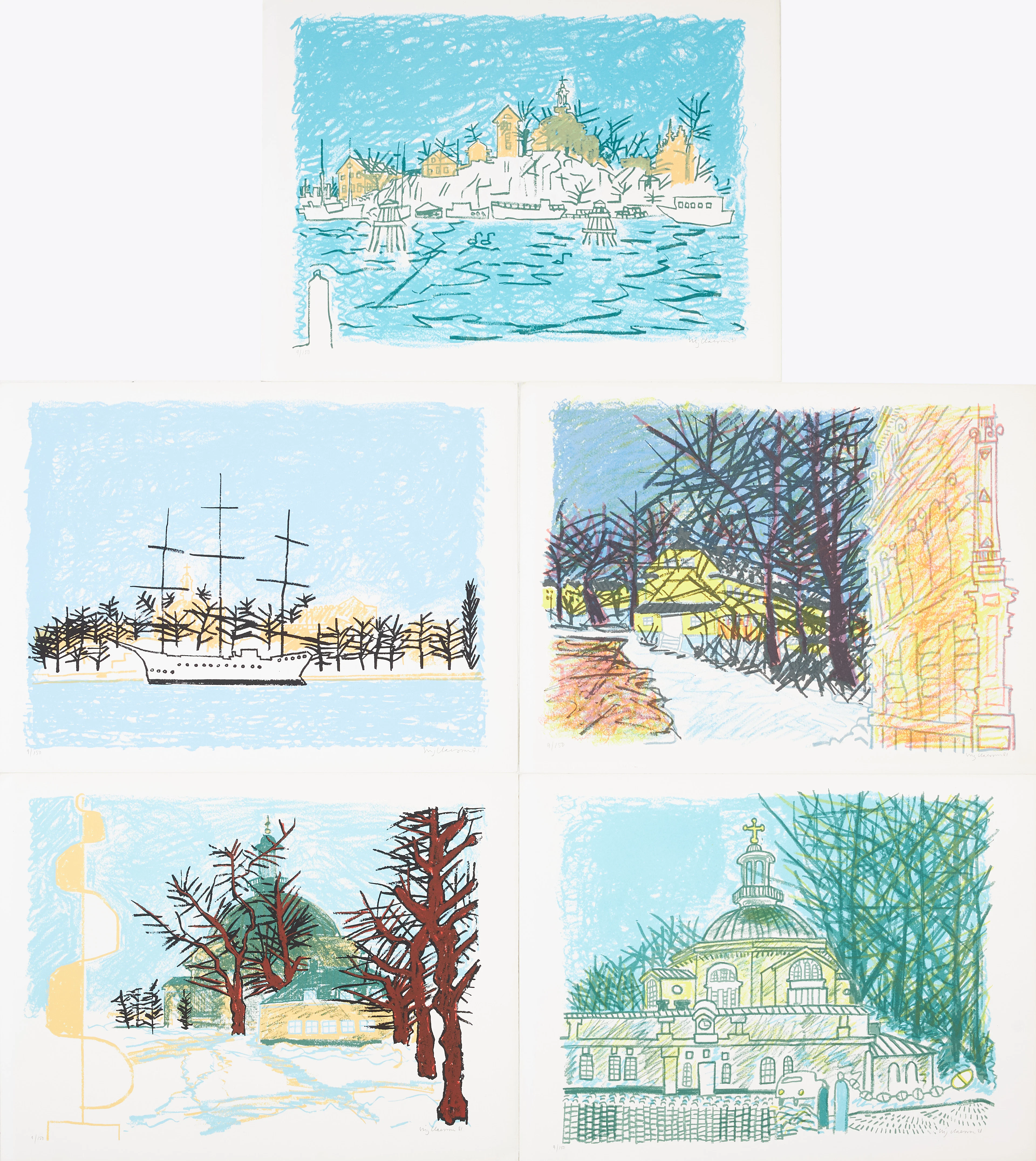 STIG (SLAS) CLAESSON. 5 st, färglitografier, motiv från Skeppsholmen, mapp.