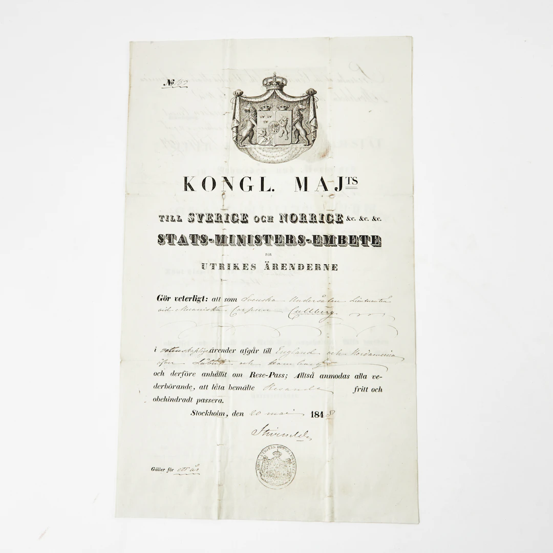 RESEPASS FÖR LÖJTNANT CULLBERG, Stockholm 1848.