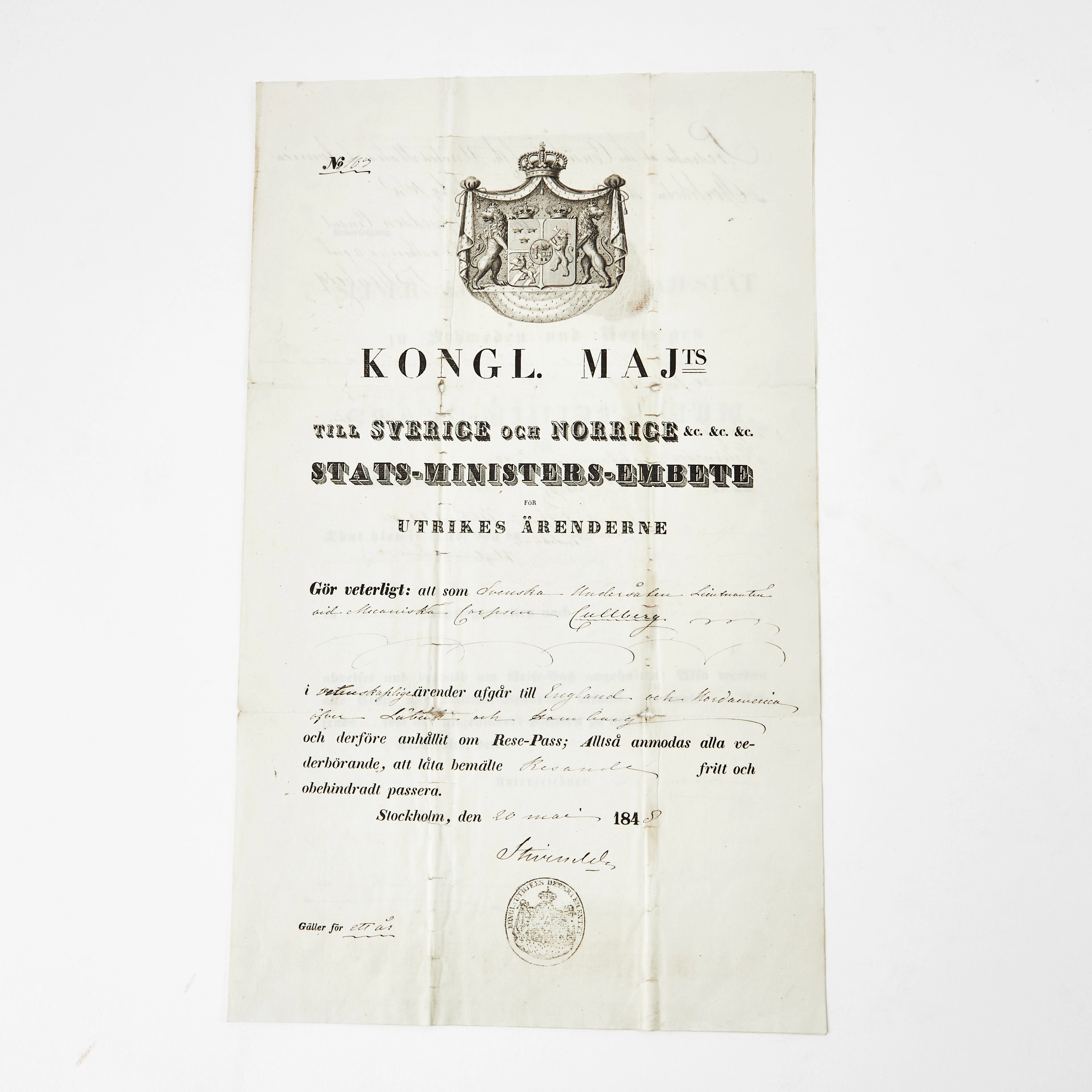 RESEPASS FÖR LÖJTNANT CULLBERG, Stockholm 1848.