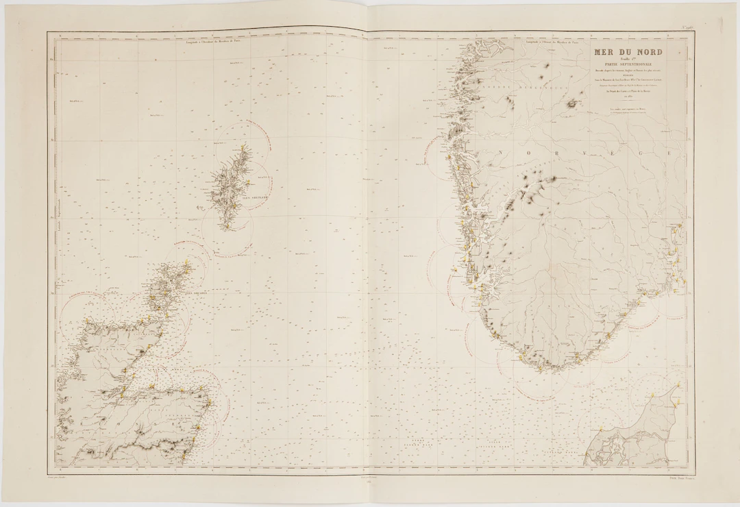 SJÖKORT 1862, NORDSJÖN MED NORGE OCH SKOTTLAND, DEPOT DE LA MARINE.