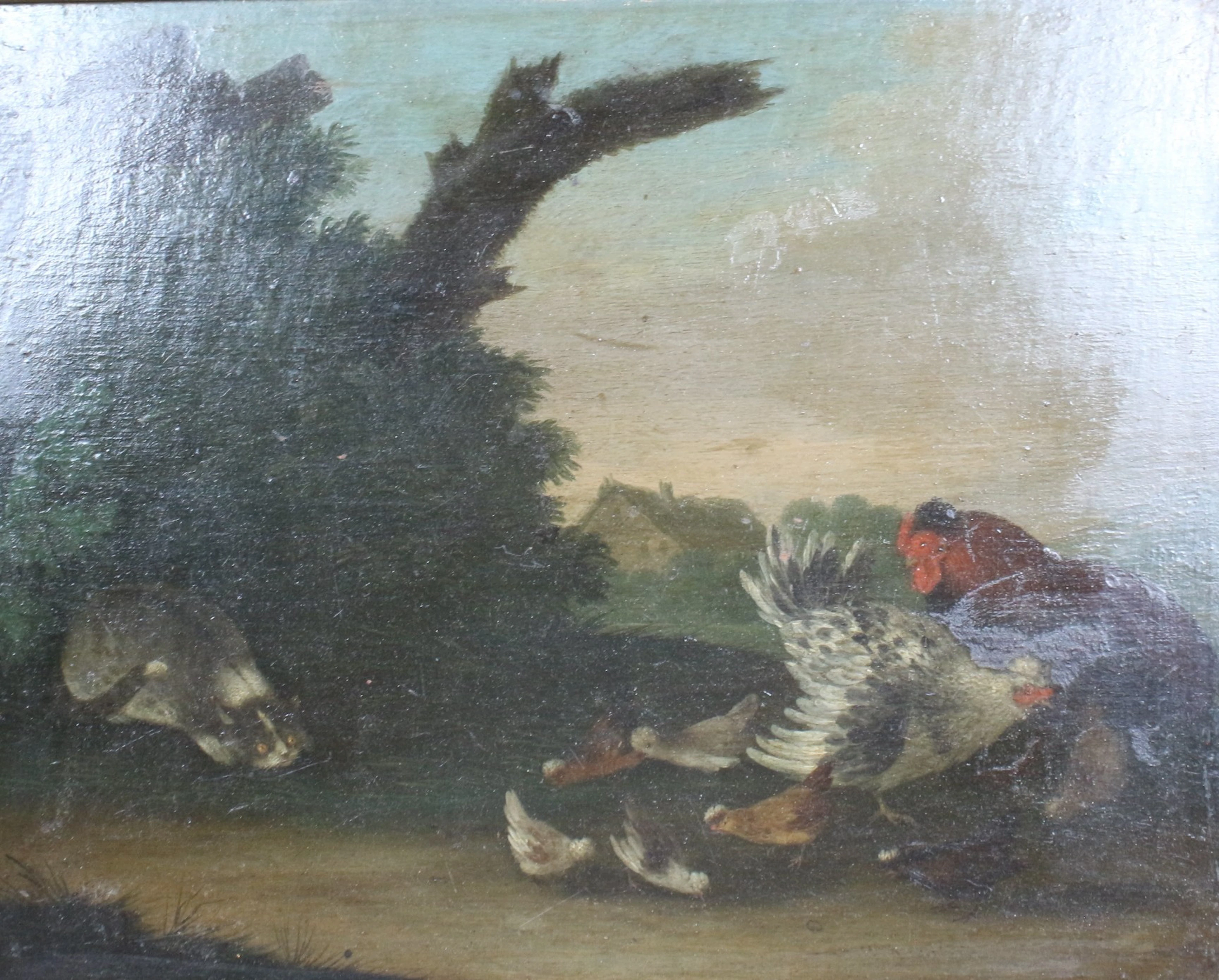 JOHANN ADAM FASSAUER (?-1787). Öl auf Holzplatte, '' Katze und Hühner