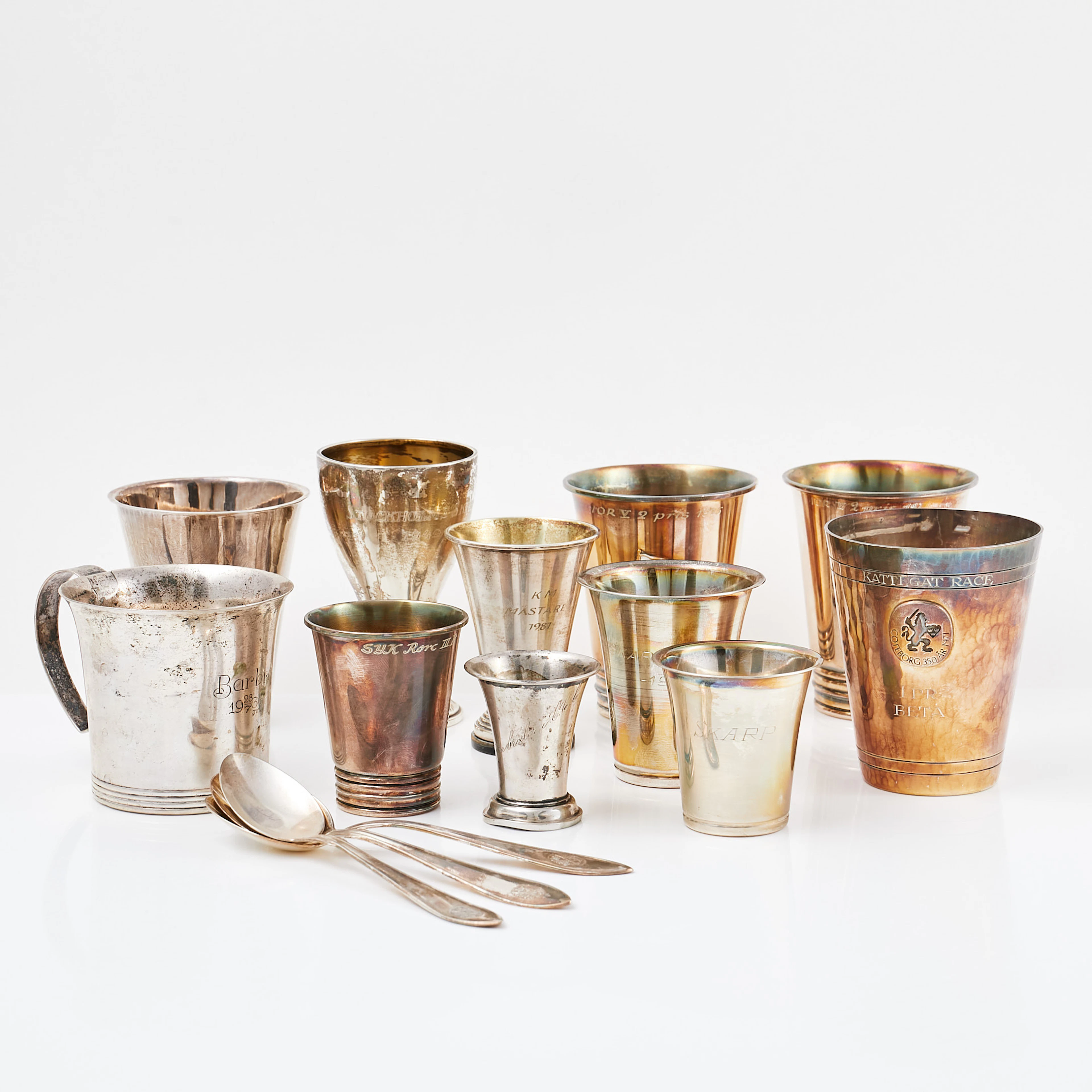 BÄGARE, SKEDAR 11+3 dlr, silver, enstaka del sterlingsilver, bl.a.