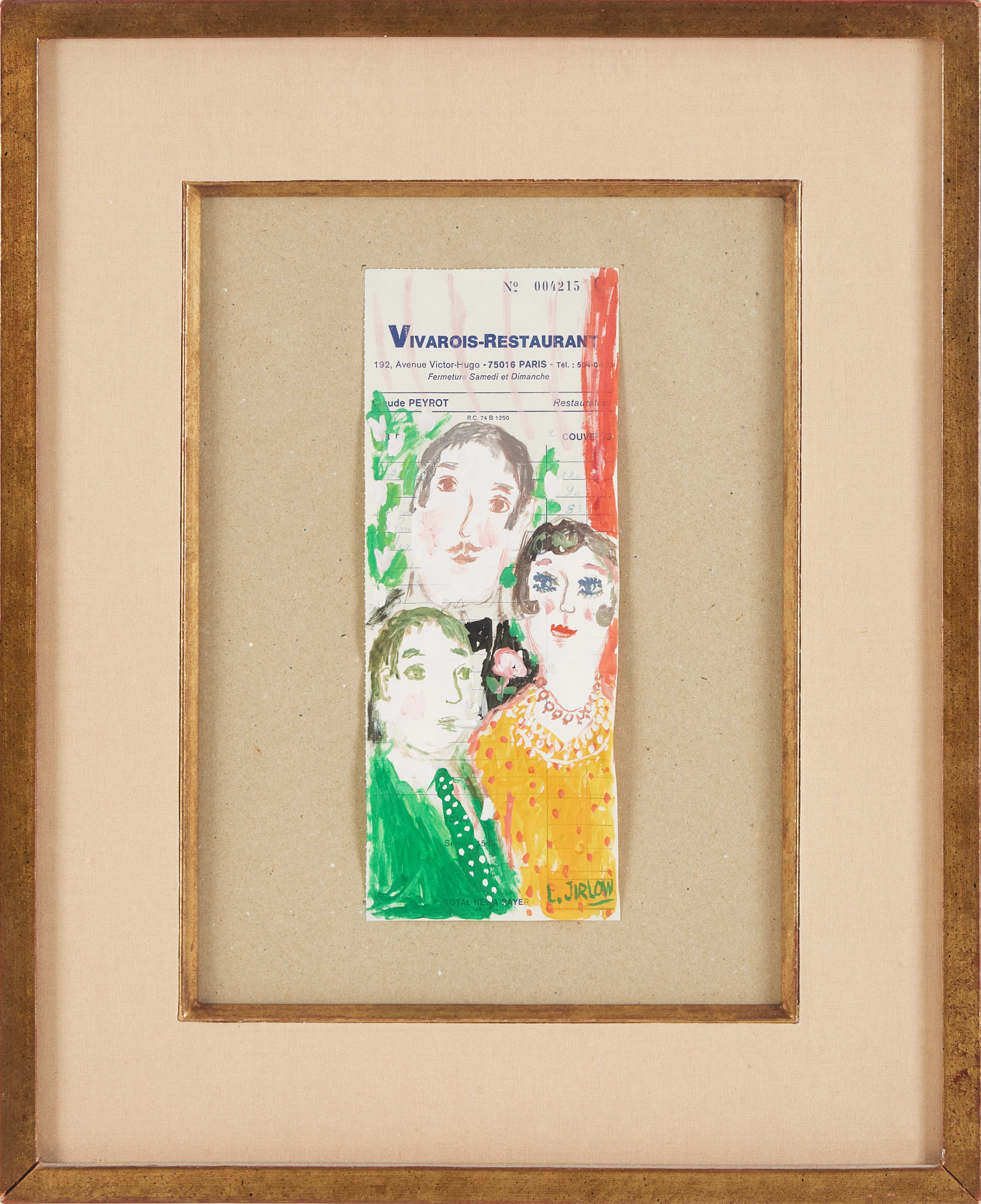 LENNART JIRLOW. "Vivarois - Restaurant" gouache/blandteknik på restaurangnota.