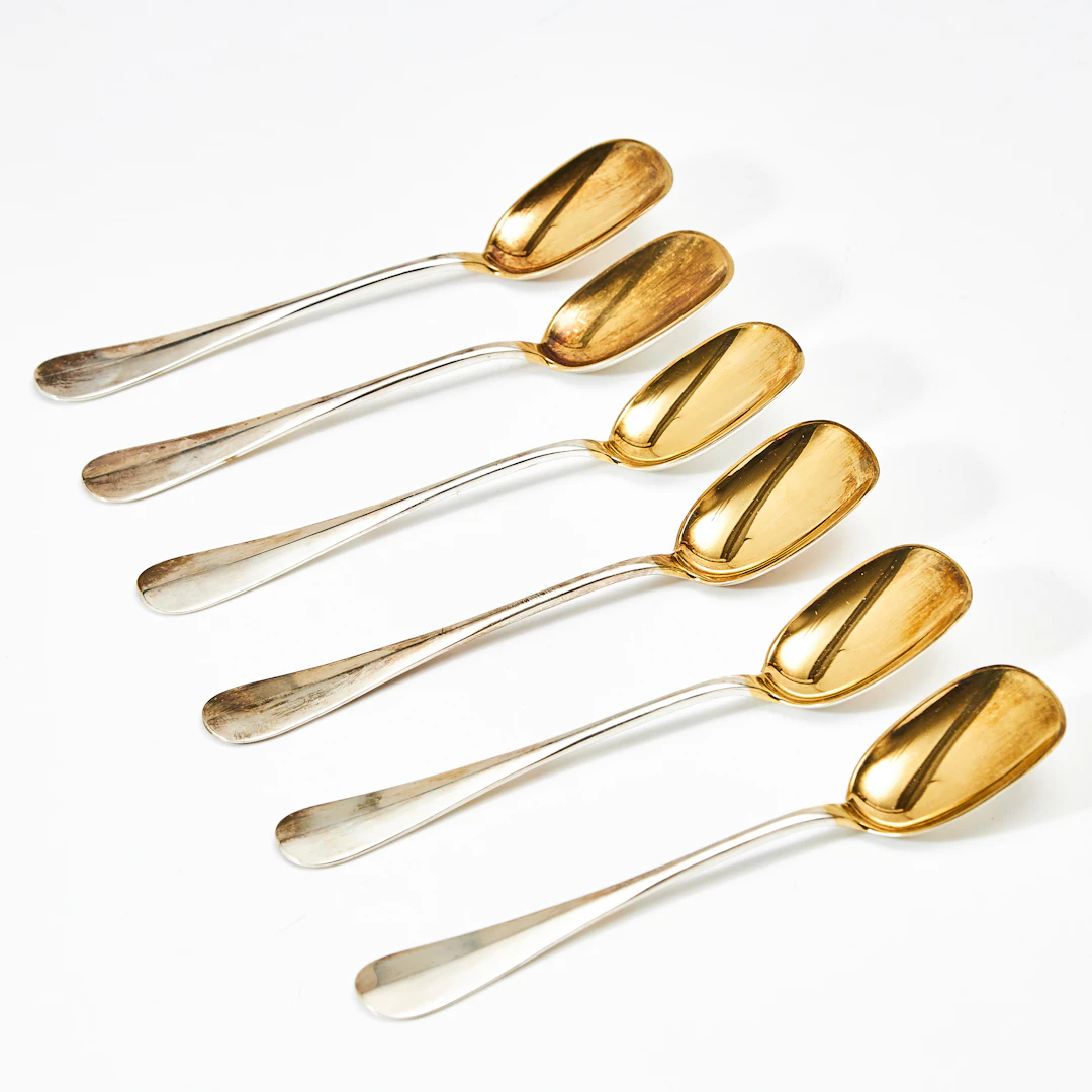 GLASSKEDAR, 6 st, silver, förgyllda blad, Österrike,, ca 1920-tal.