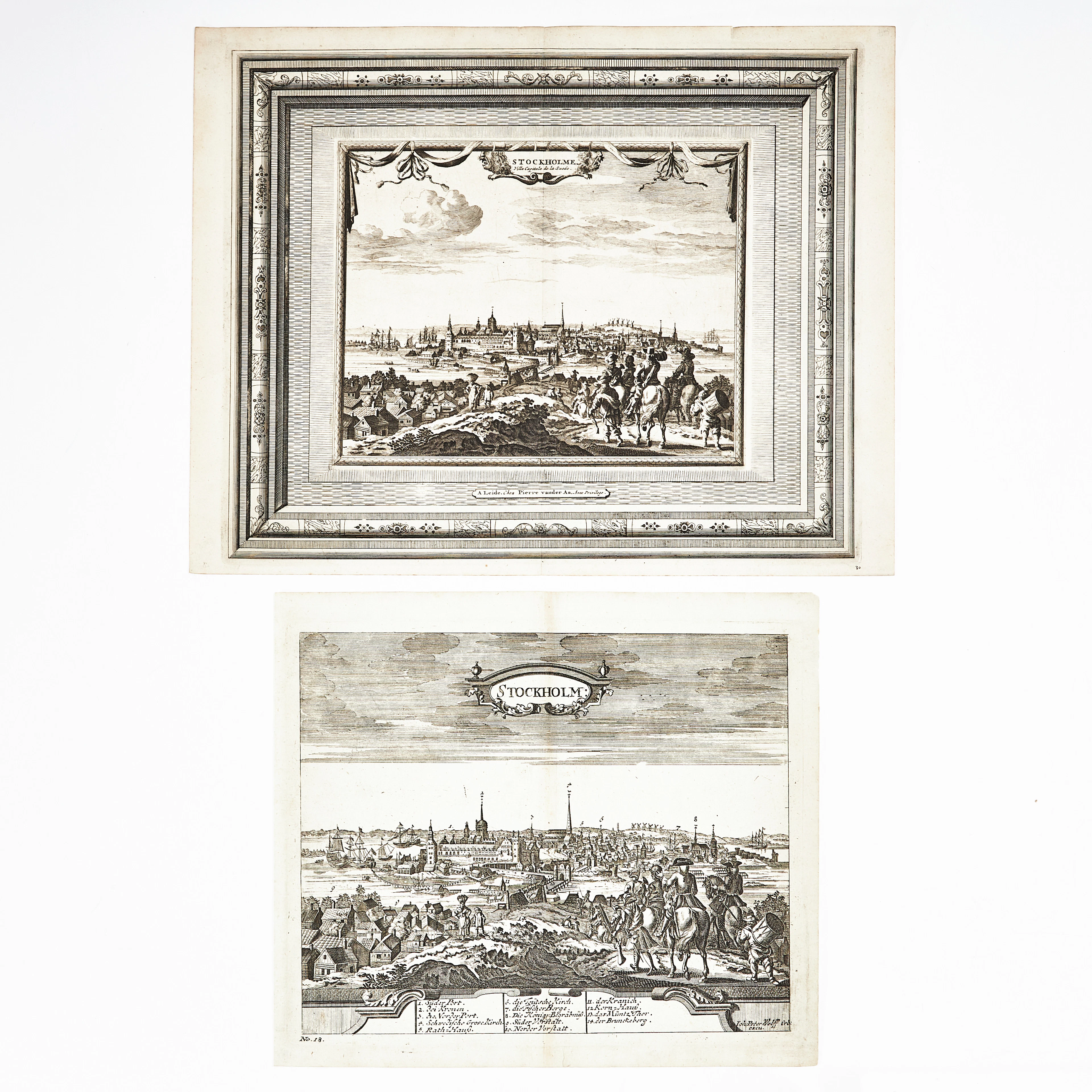 STOCKHOLM, 2 GRAVYRER, VAN DER AA och WOLFF, ca 1730.