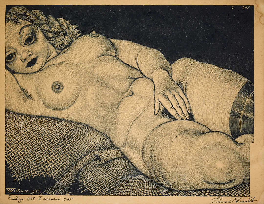EDUARD WIIRALT. "Lamav akt kanepiriidel" (Reclining Nude on Hemp Canvas).