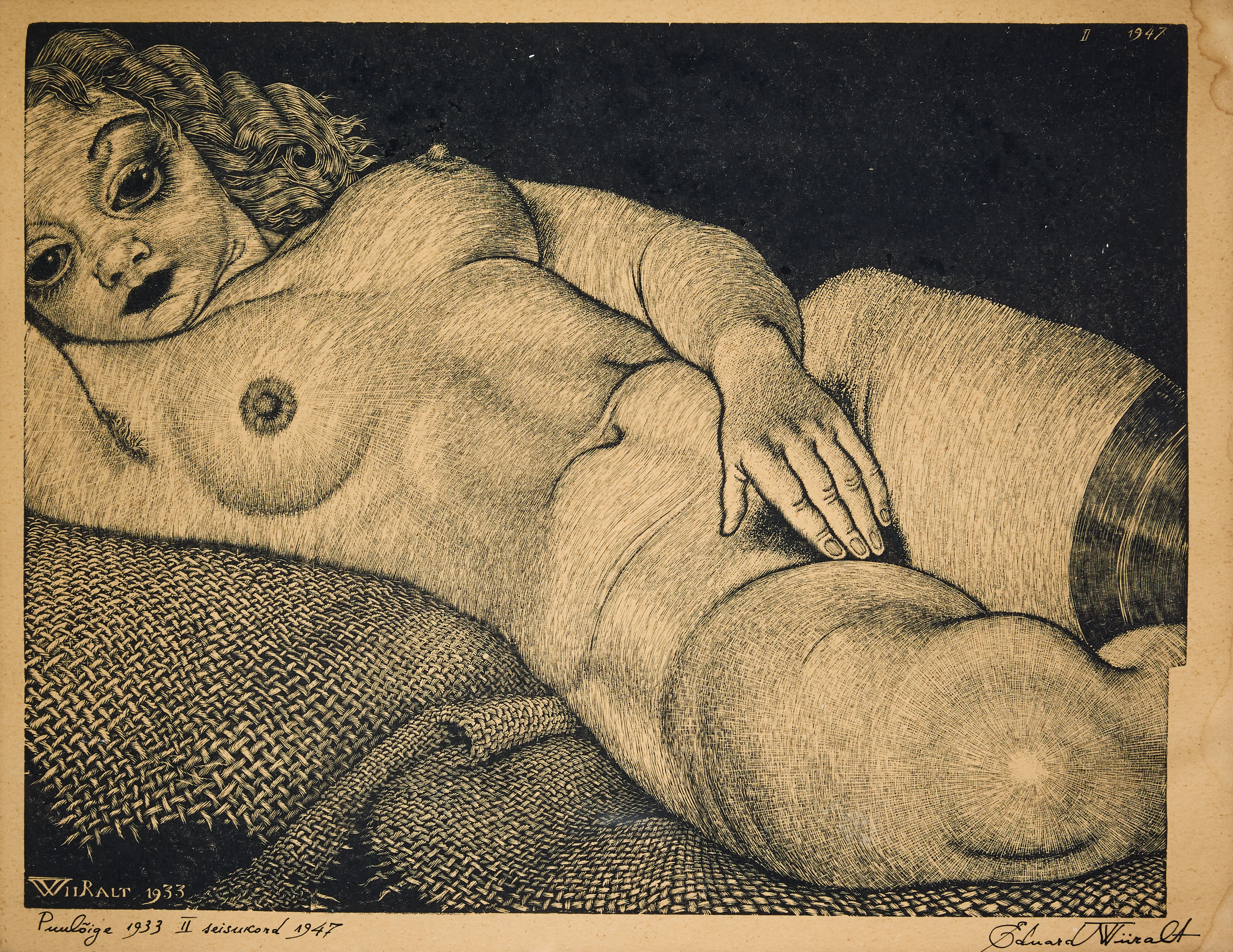 EDUARD WIIRALT. "Lamav akt kanepiriidel" (Reclining Nude on Hemp Canvas).
