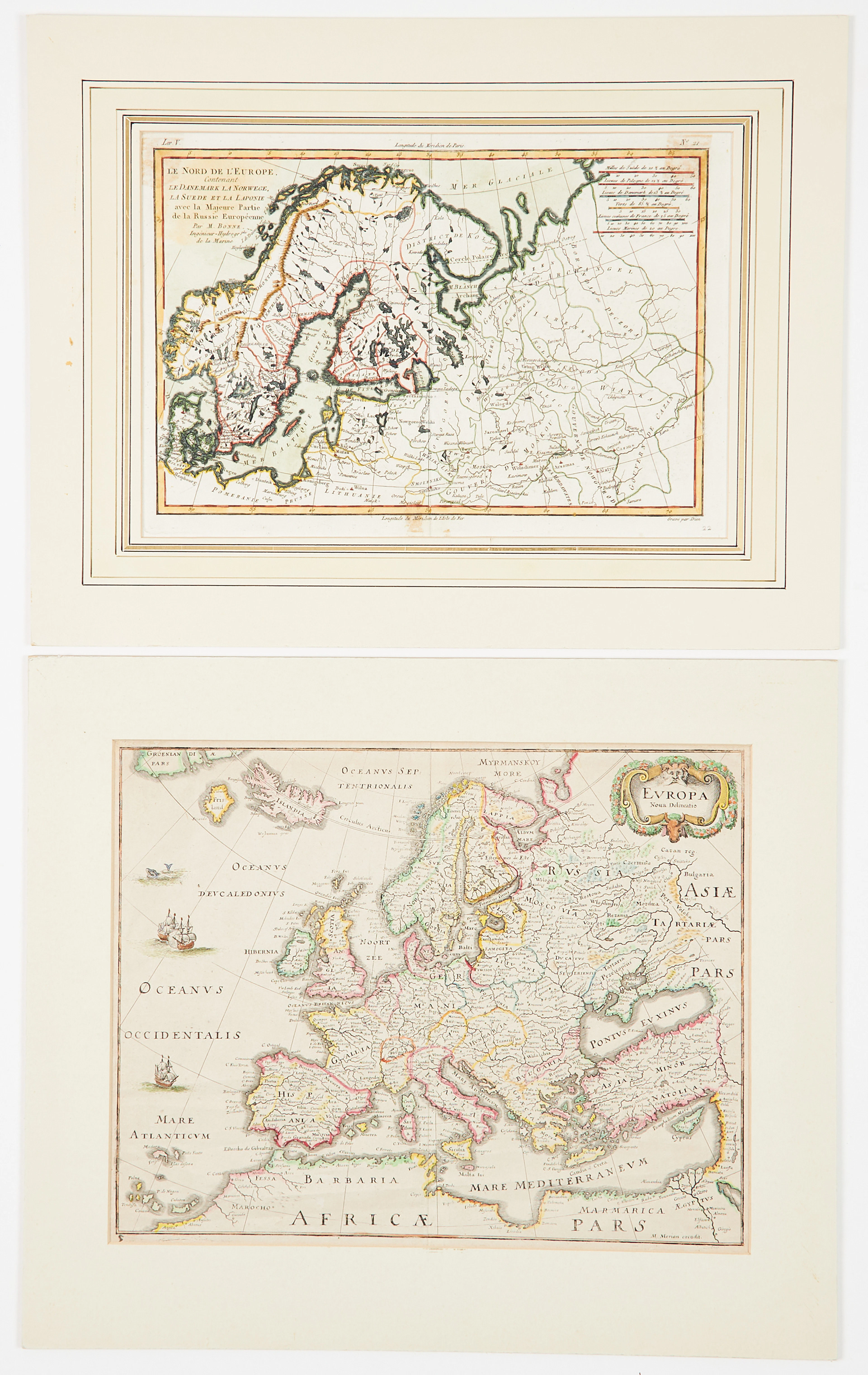 2 KARTOR ÖVER EUROPA, MERIAN, ca 1640 och BONNE ca 1780.