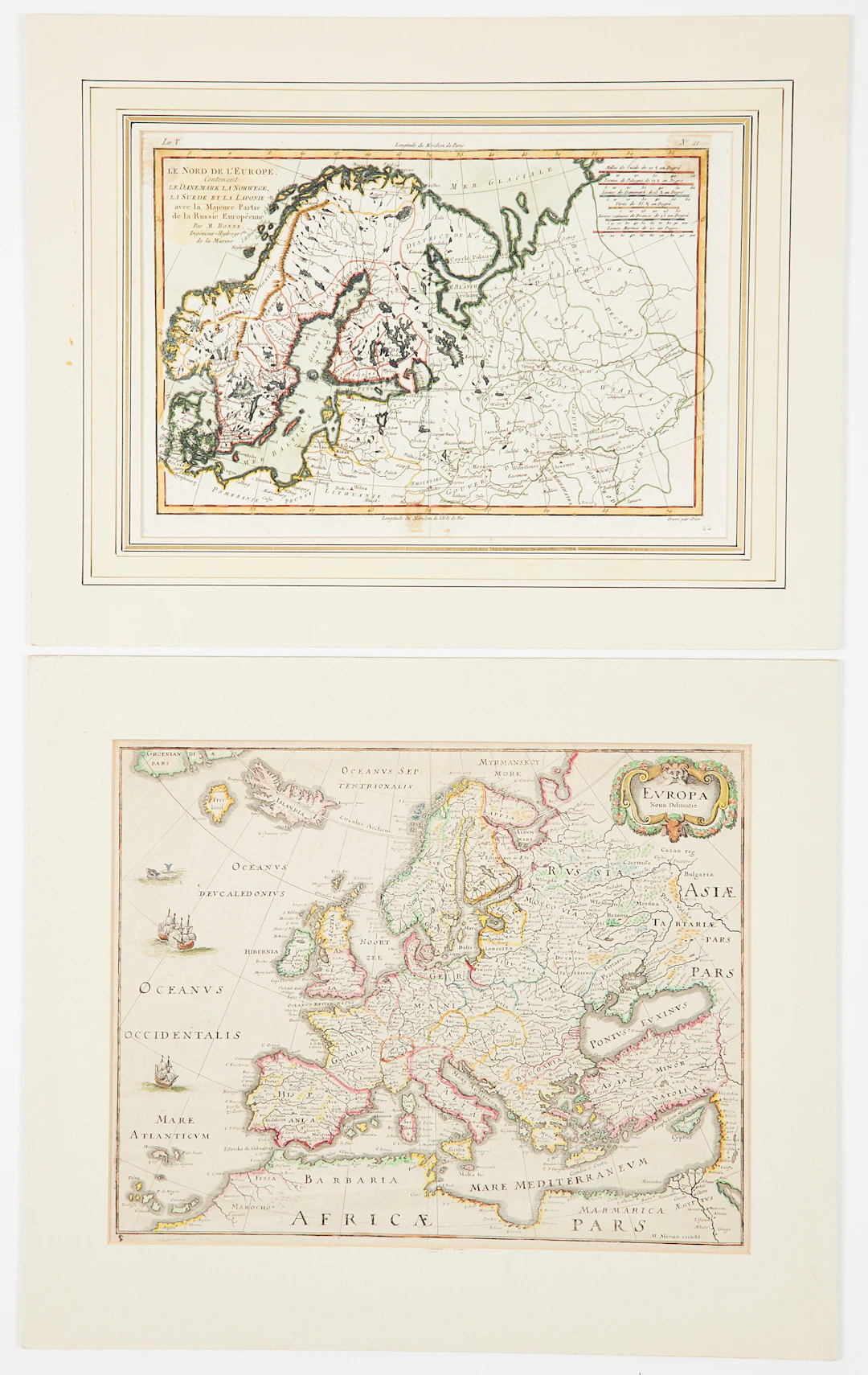 2 KARTOR ÖVER EUROPA, MERIAN, ca 1640 och BONNE ca 1780.