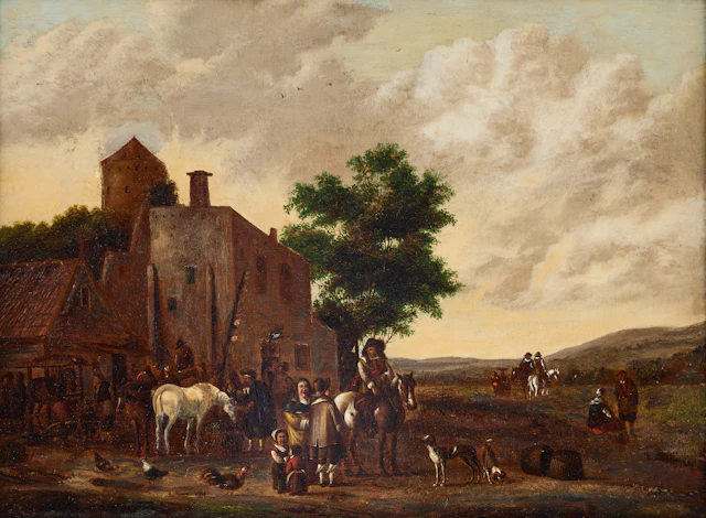CORNELIS VAN ESSEN (NORDHOLLAND AKTIV CA 1700). Hans krets. Utanför värdshuset.