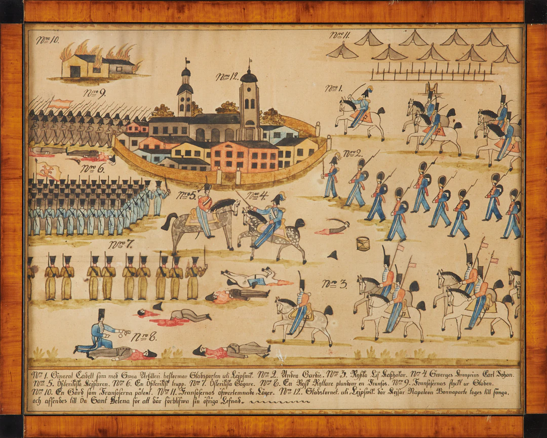 AKVARELL. Illustration av Napoleon och slaget vid Leipzig 1812, Sverige