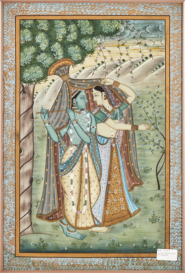 GOUACHE, på textil, Indien, 1900-tal, motiv av Radha och Krishna