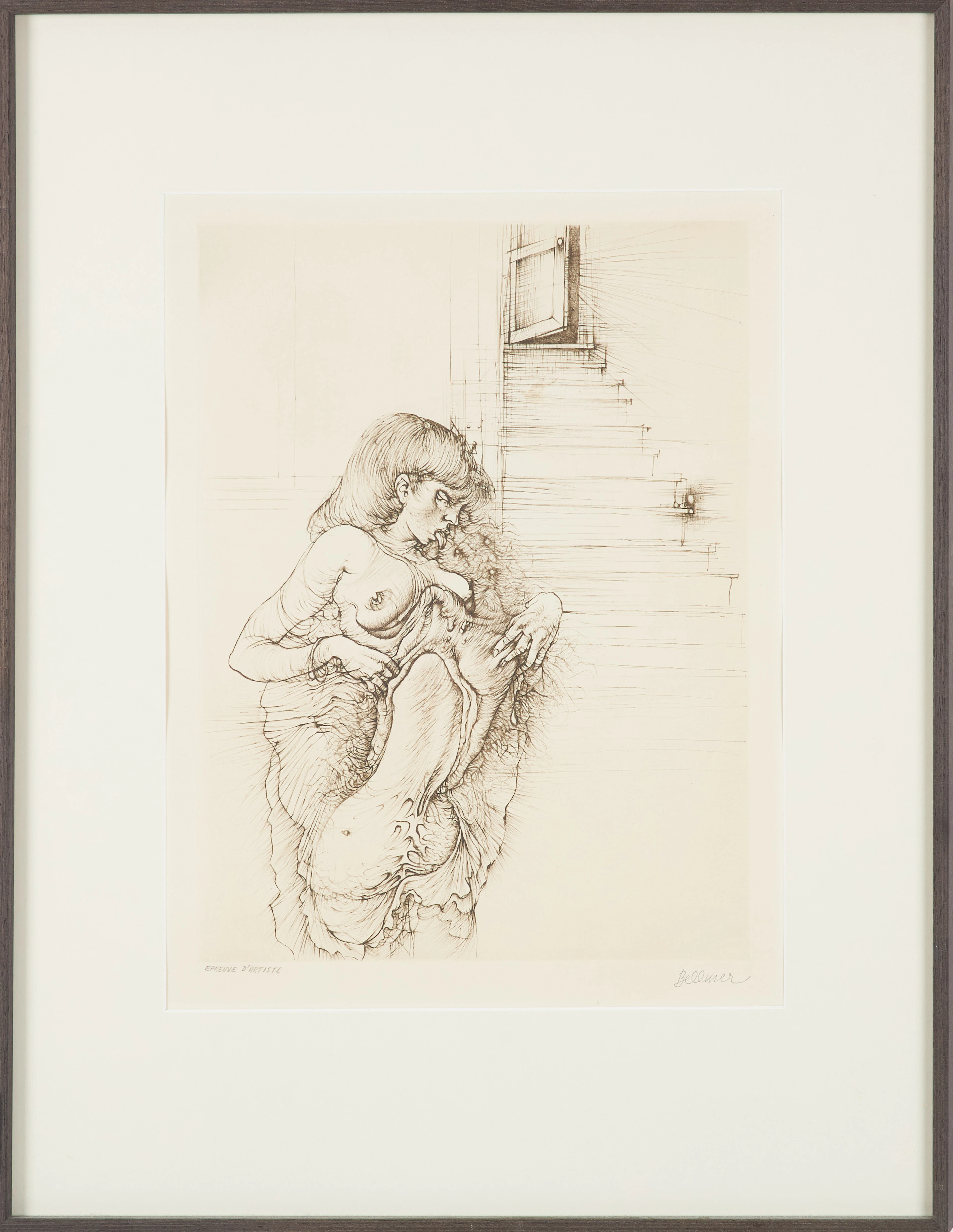 HANS BELLMER. Komposition med kvinna vid trappa, etsning, EA, signerad.