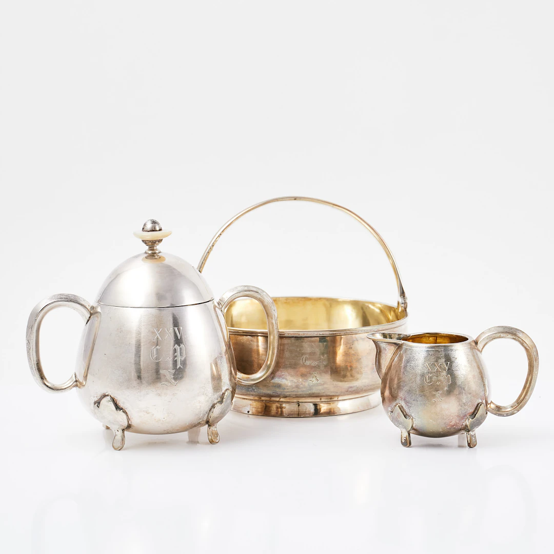 SERVISDELAR. 3 st, silver, St Petersburg, sockerskål, gräddkanna