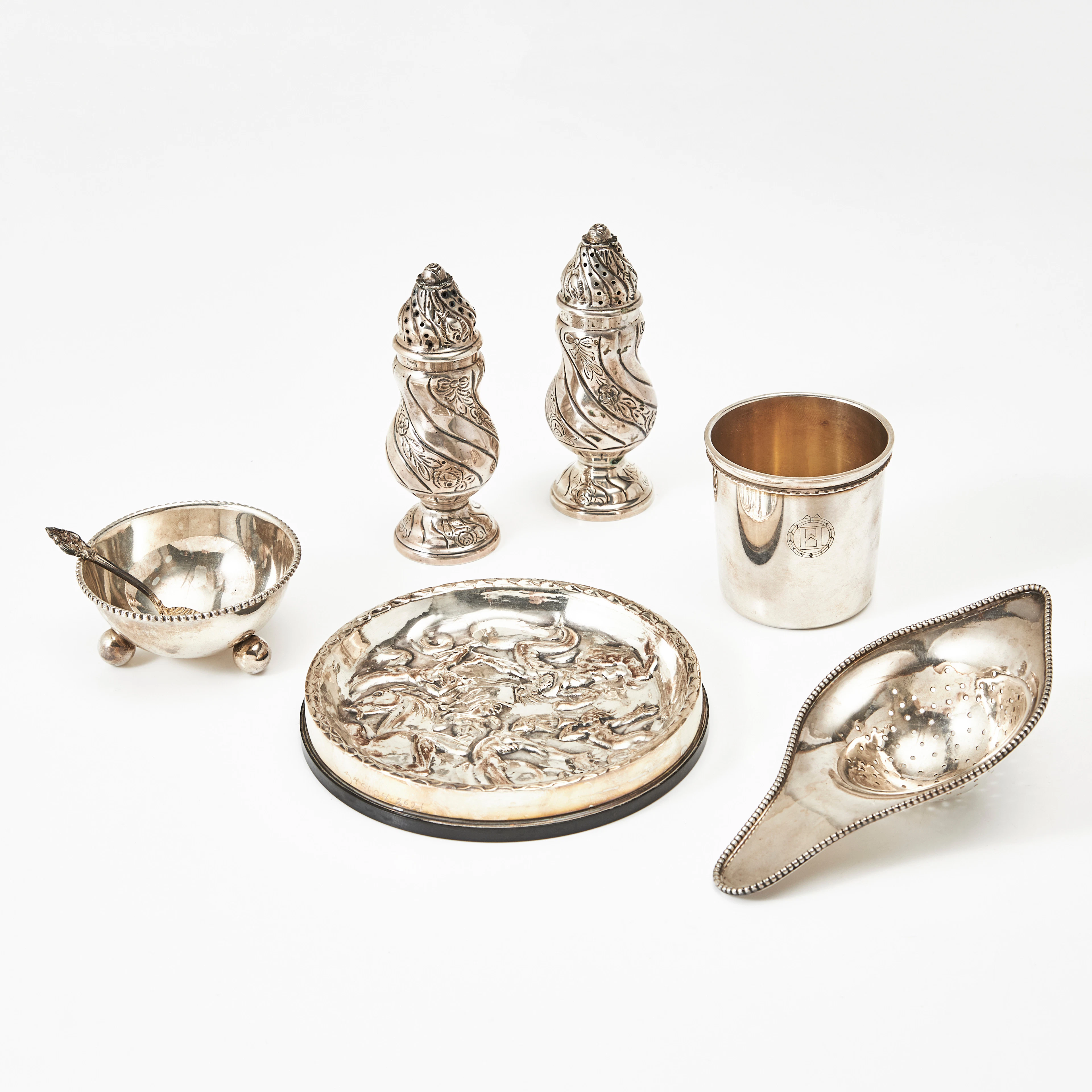 SALTSTÖRARE, ASKFAT, BÄGARE, TESIL, SALTKAR, silver, 1900-tal.