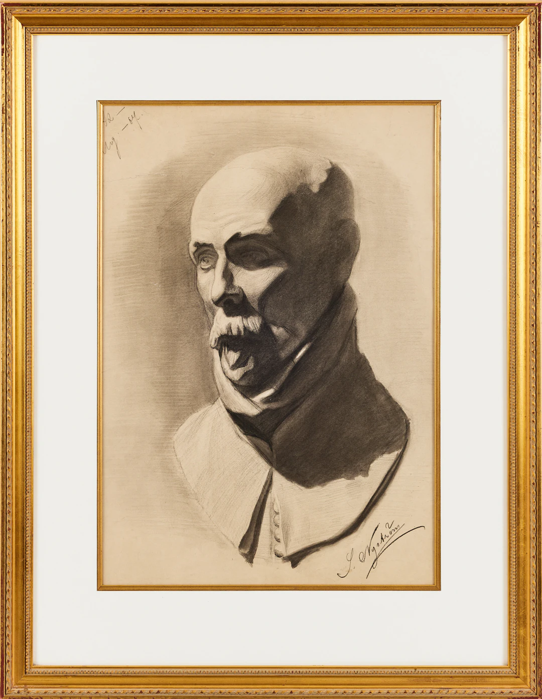 JENNY NYSTRÖM (1854-1946). Porträttstudie av mansfigur, kolteckning.