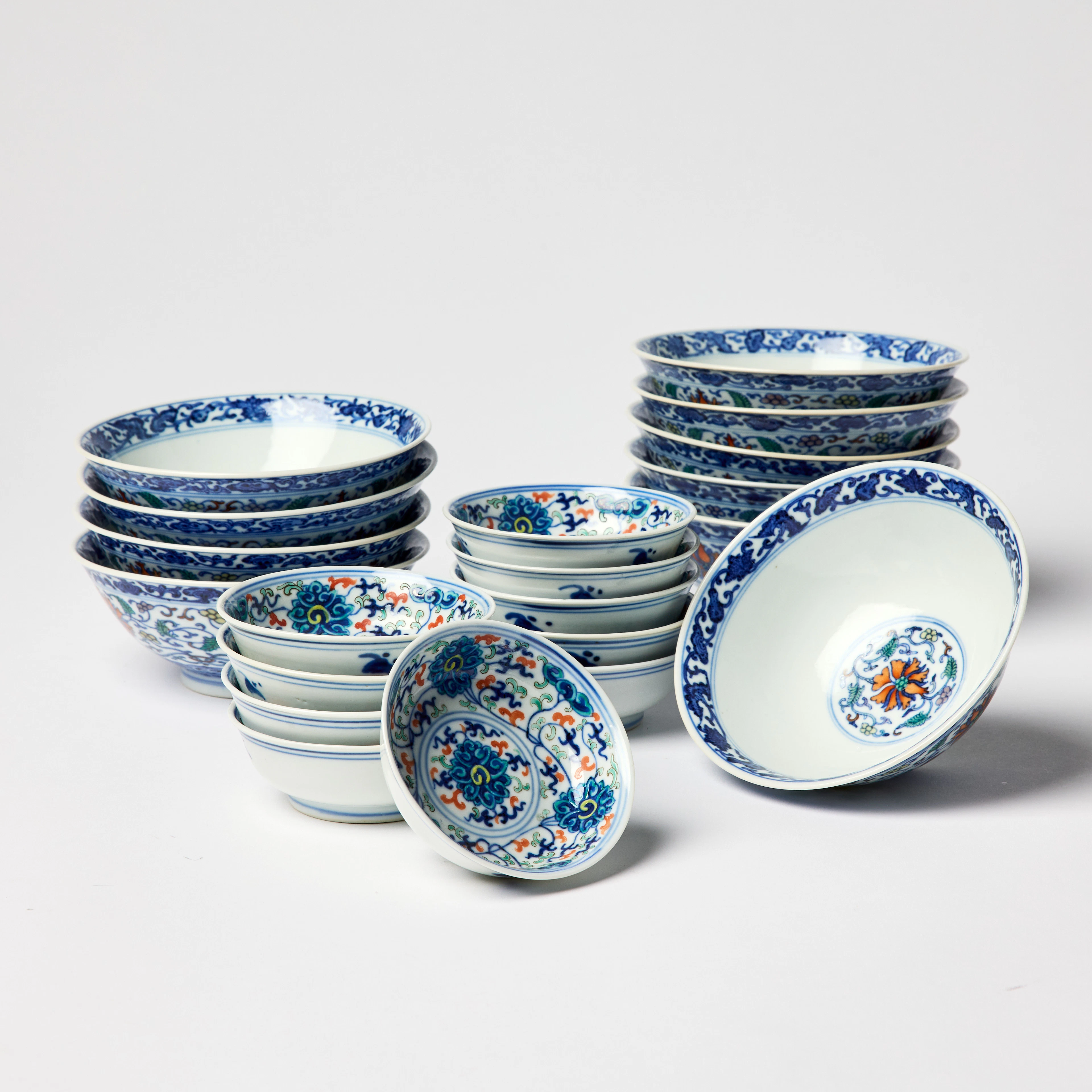 A Set of Ten Chinese Doucai Bowls and Ten Small Dishes.