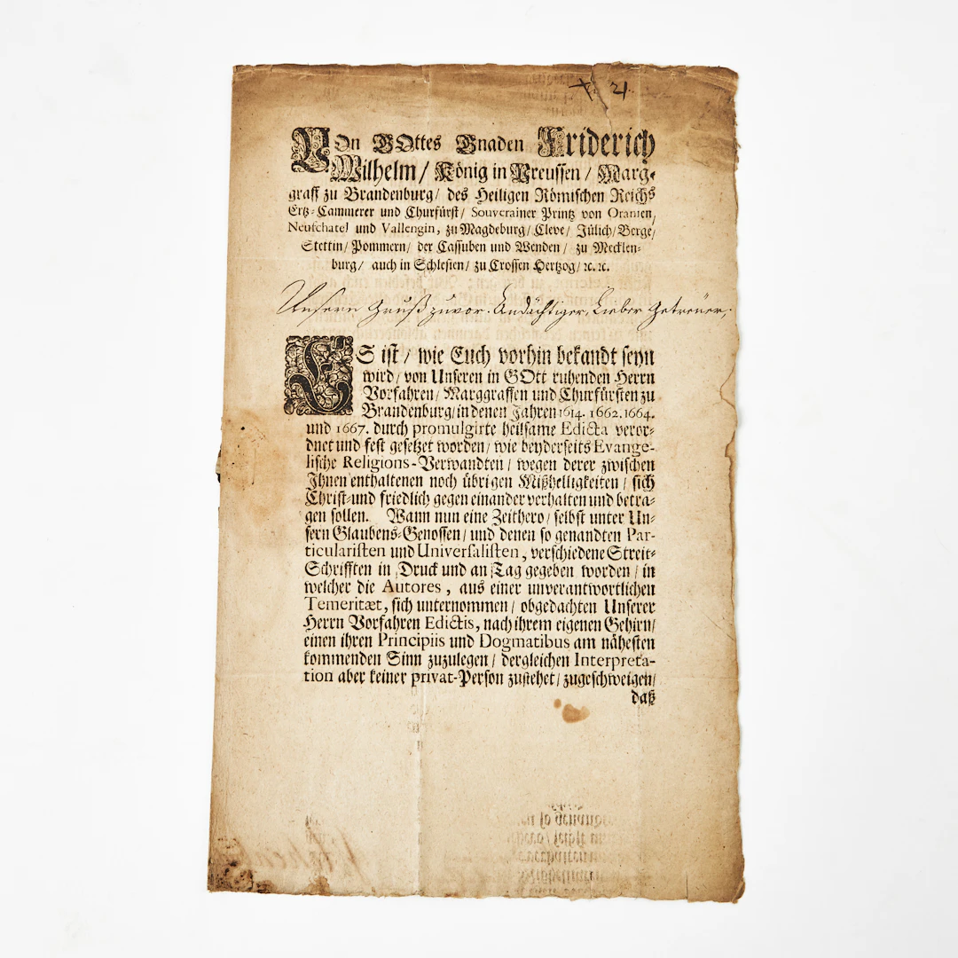 SKRIVELSE ANGÅENDE FÖRBJUDNA STRIDSKRIFTER, Berlin 1714, undertecknat