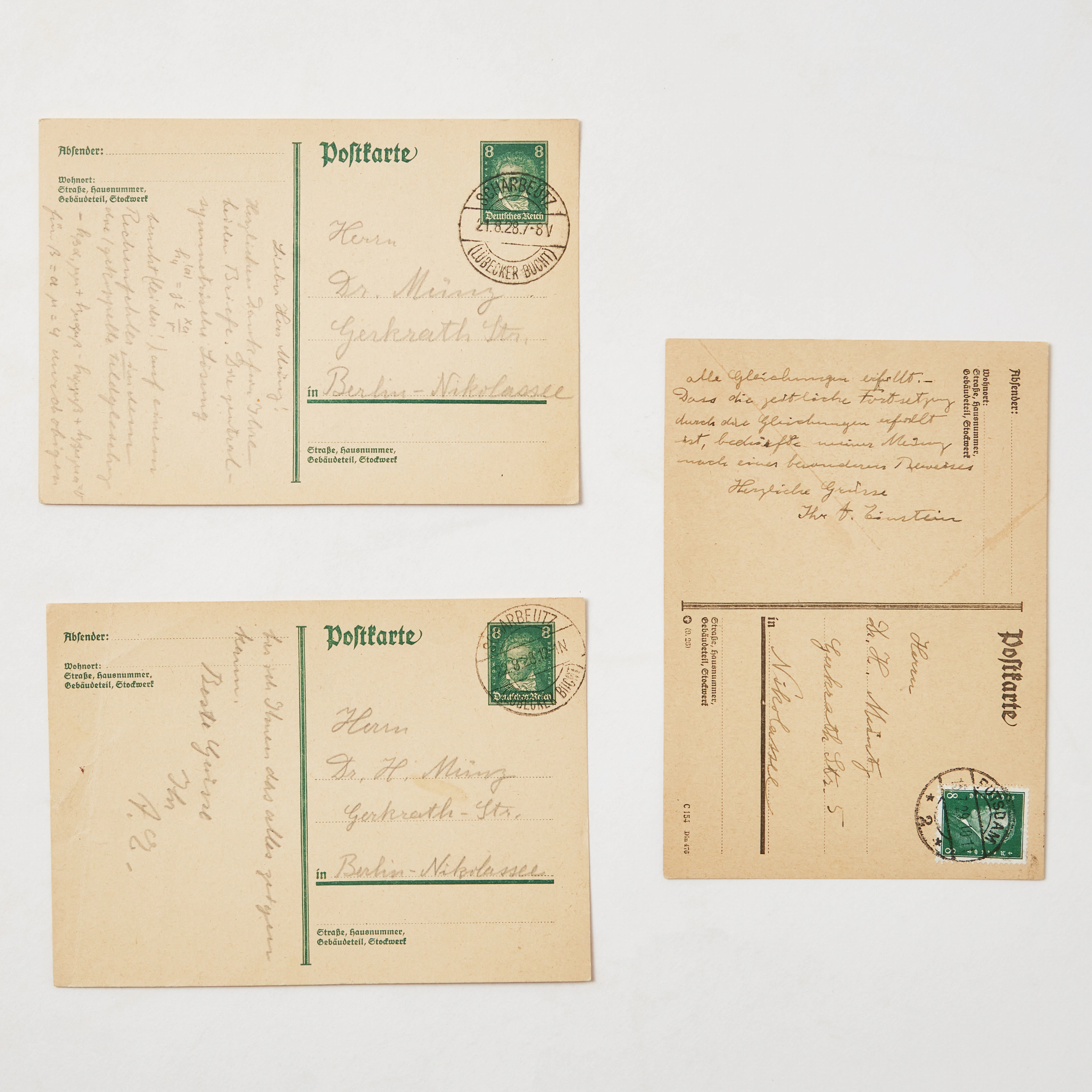 ALBERT EINSTEIN, 3 AUTOGRAPH CARDS SIGNED TO HERMAN MÜNTZ IN 1928-1929.