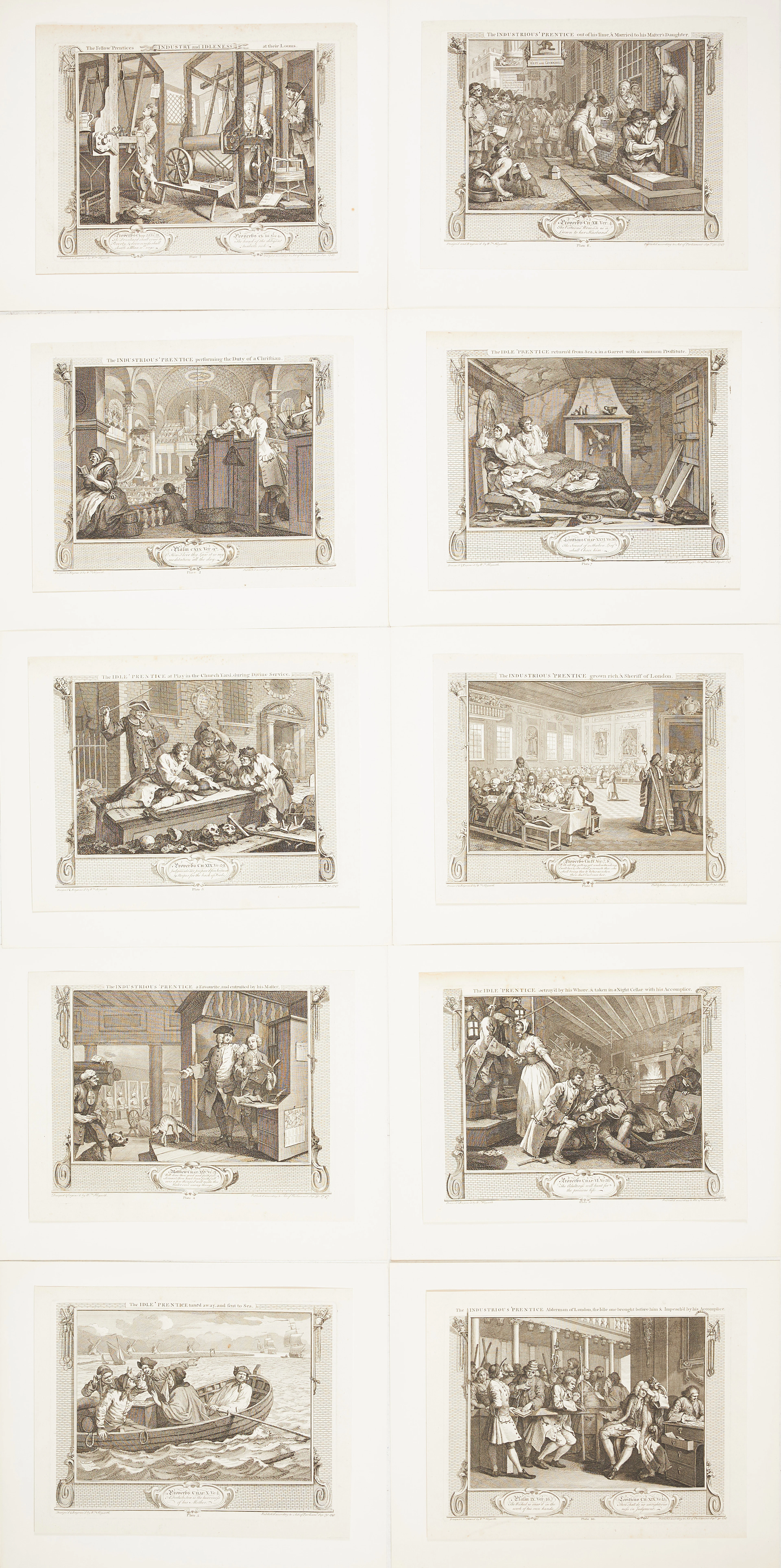 WILLIAM HOGARTH. EFTER. "Industry and Idleness", plate 1-10, kopparstick.