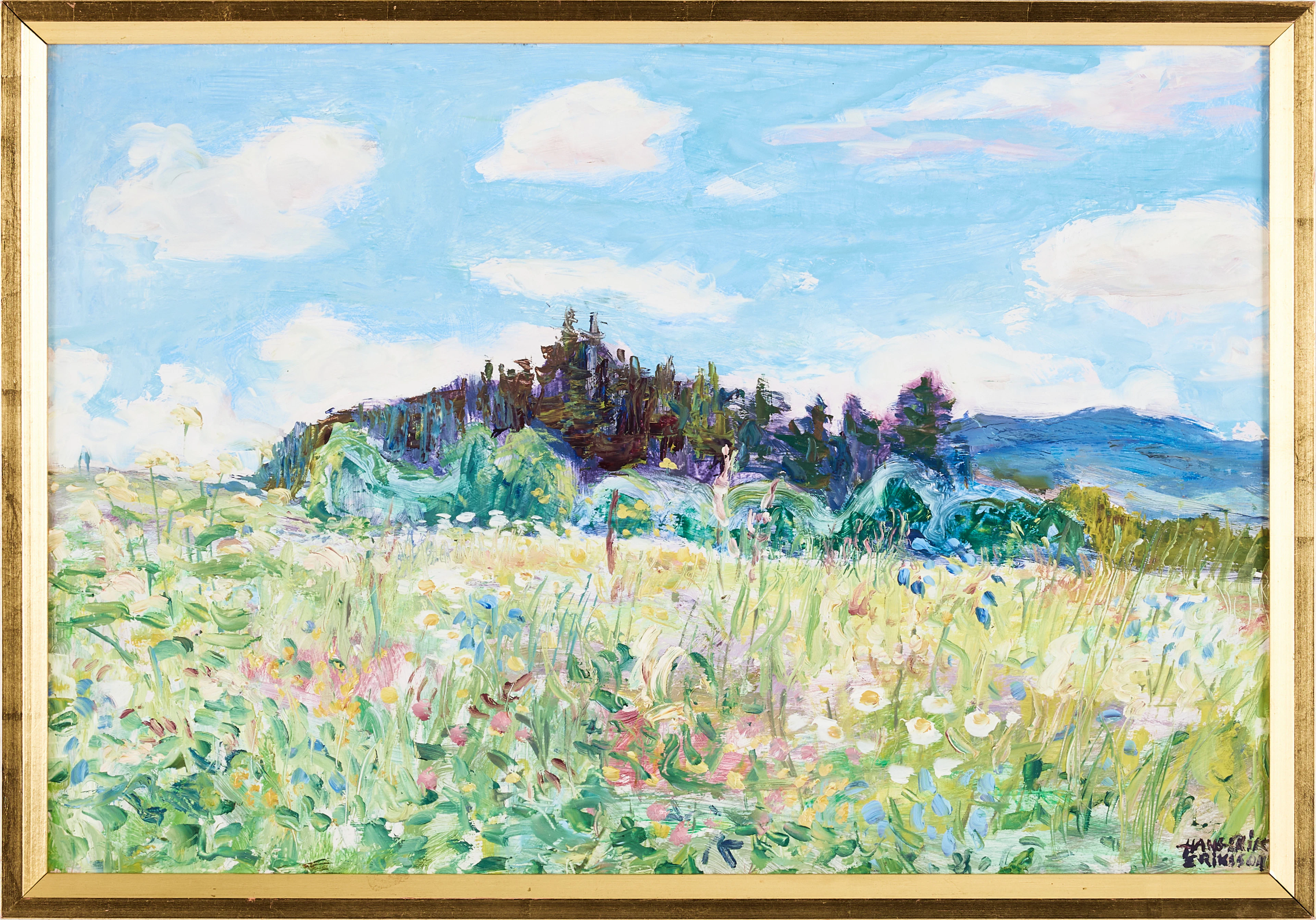 HANS ERIK ERIKSSON. Sommarlandskap med blomsteräng, oljemålning på