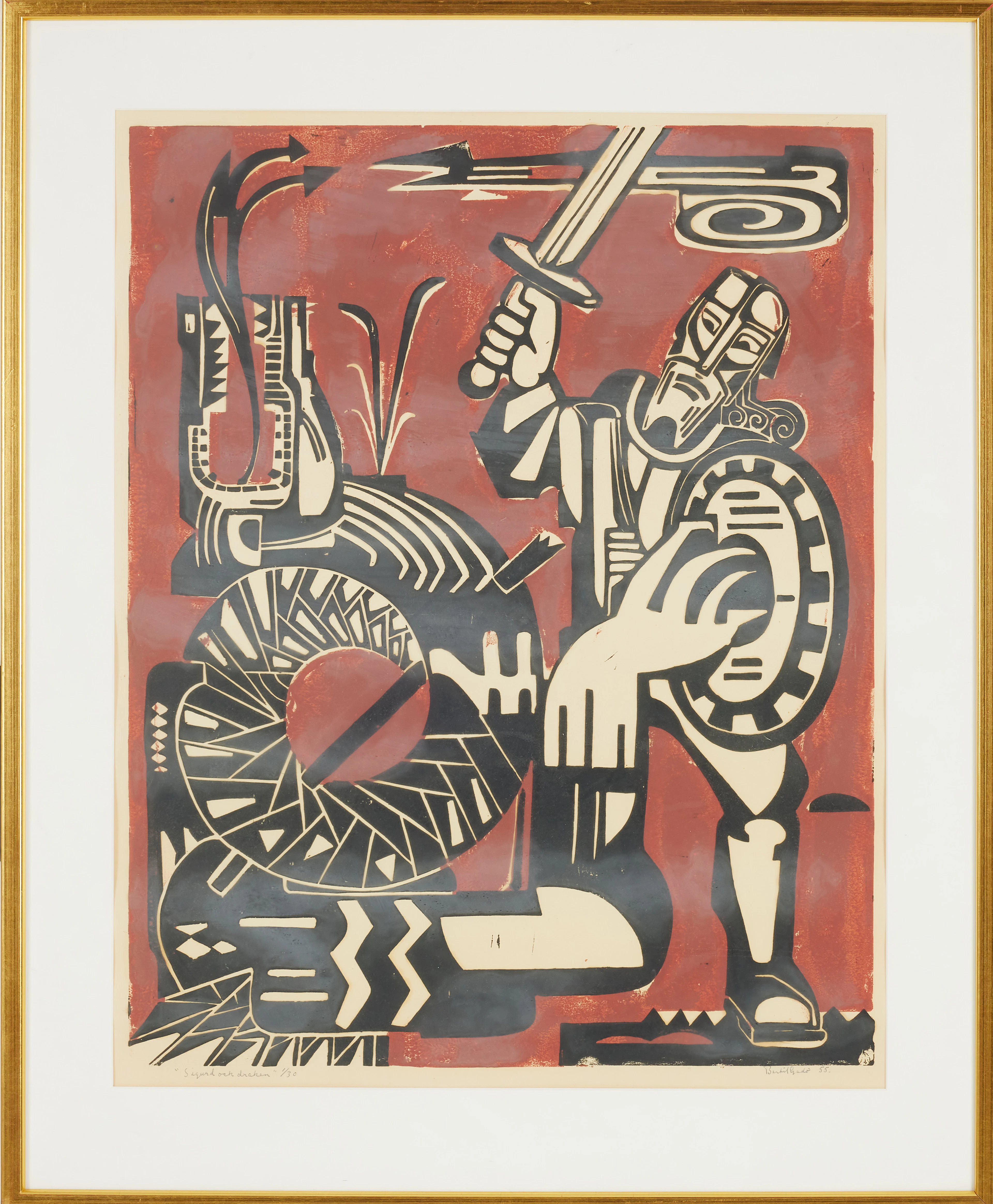 BERTIL GADÖ. "Sigurd och draken", träsnitt, 1/30, signerad och daterad, -55.