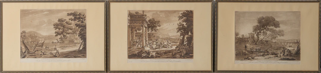 RICHARD EARLOM (1742-1822). efter Claude Lorrain, 8 st mezzotinter, år 1777.