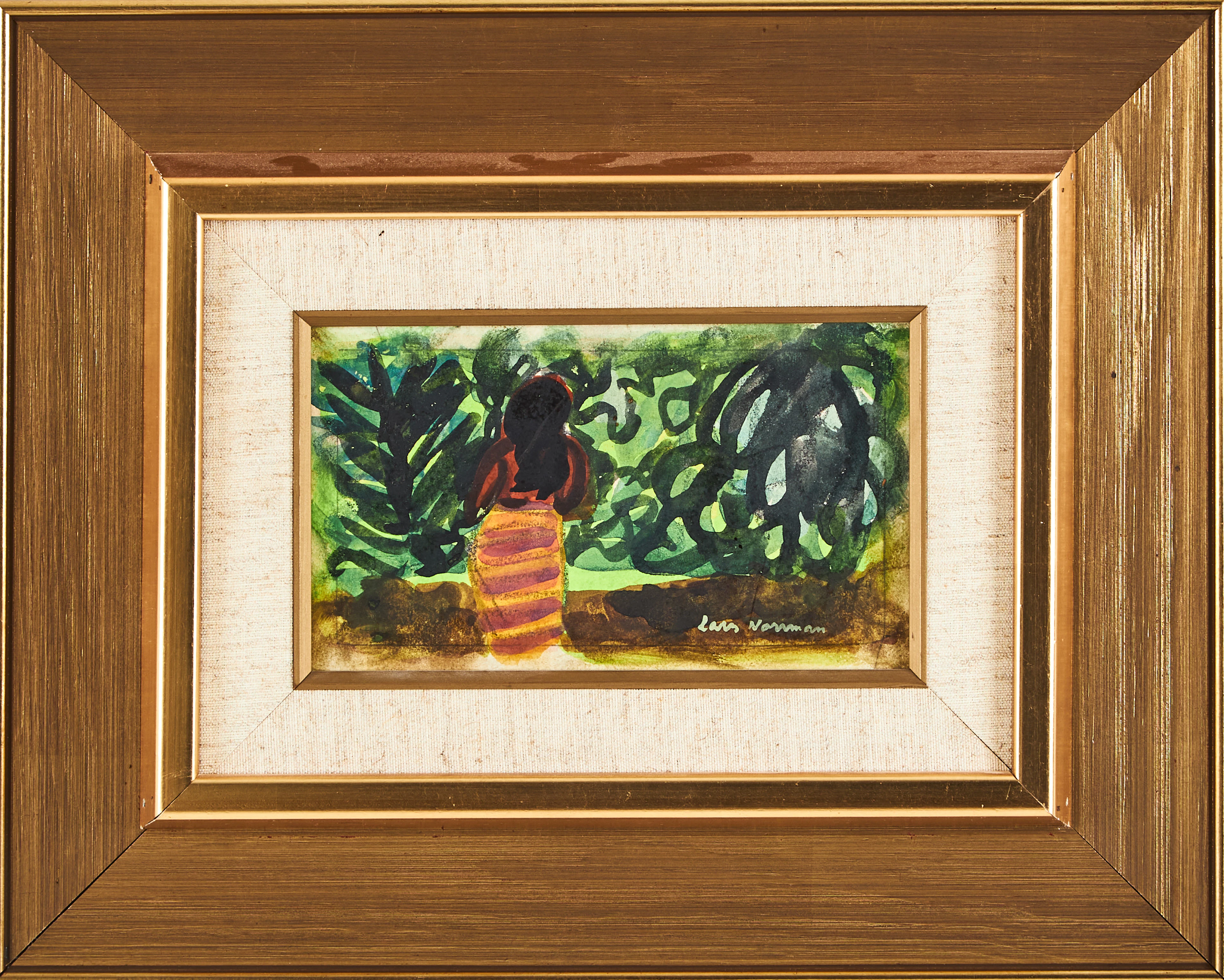 LARS NORRMAN. Kvinna i grönska, signerad, gouache på pannå.