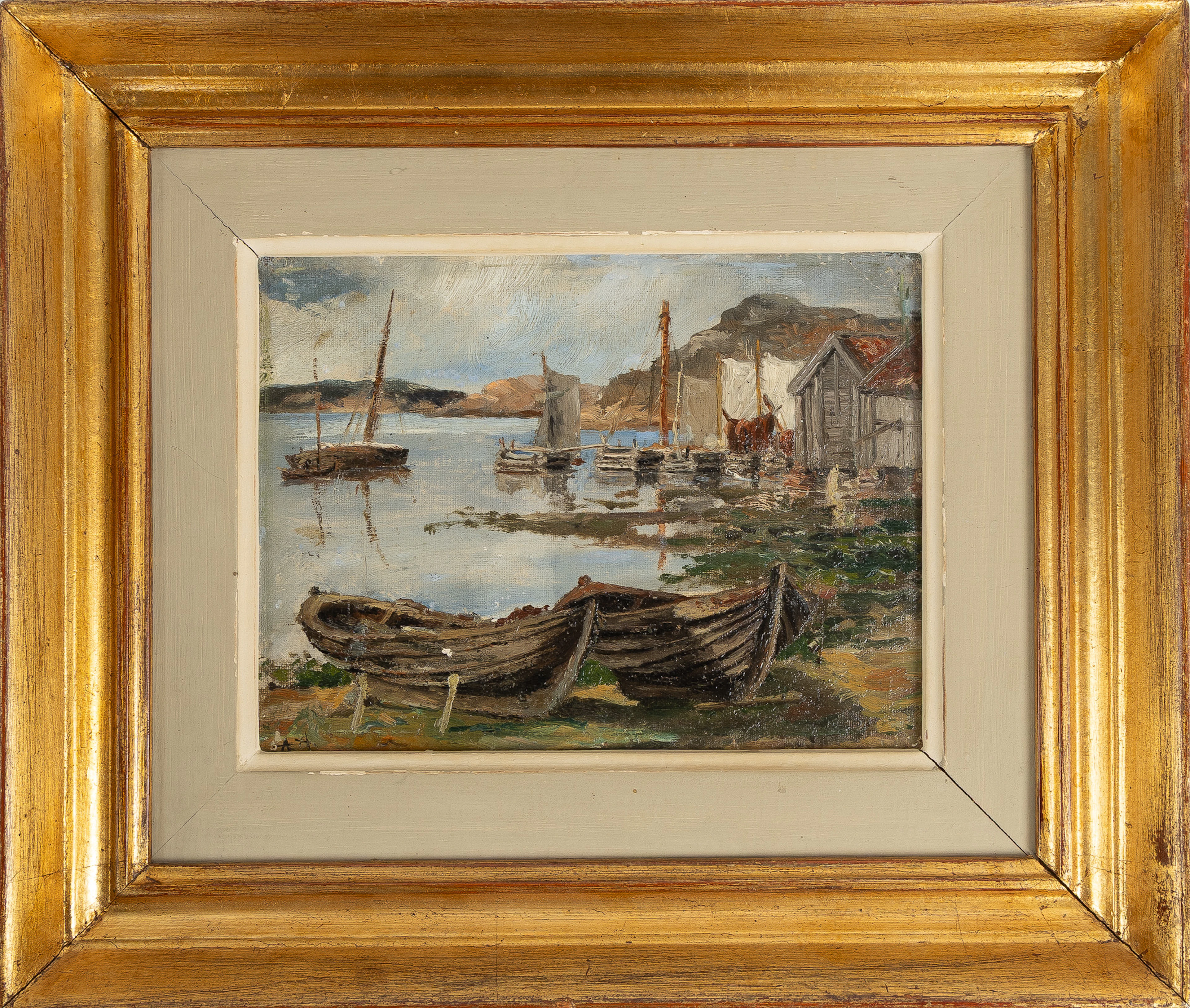 GUSTAVE ALBERT. Olja på duk, "Fiskeläge St. Kornö 1886", signerad AA.