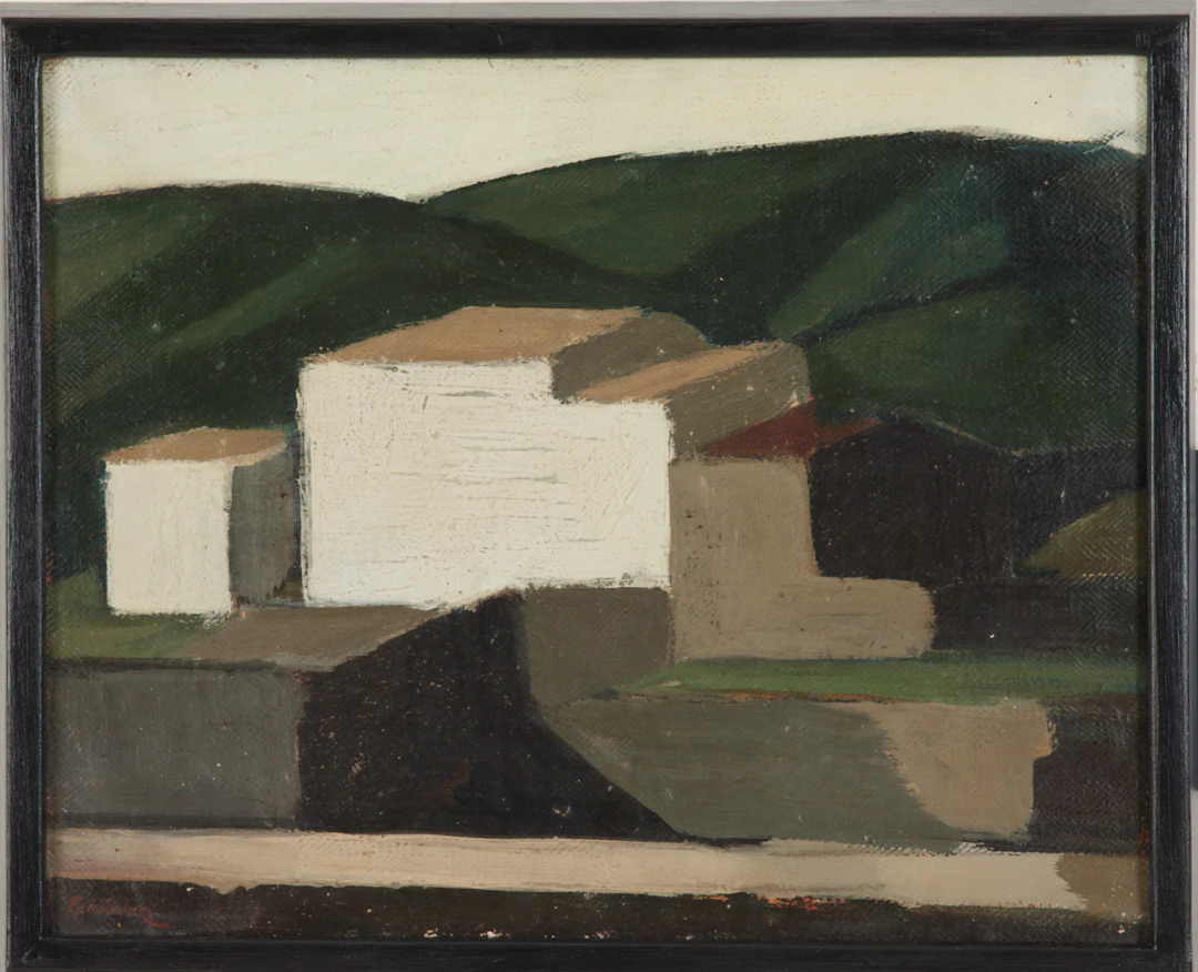 SIXTEN LUNDBOHM. Kubistiska hus i berglandskap, olja på duk, signerad.
