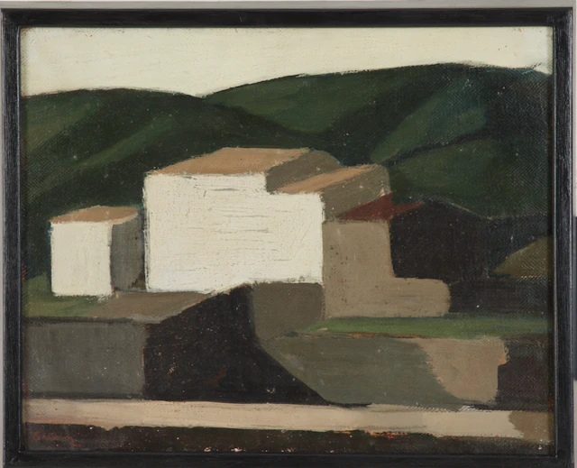 SIXTEN LUNDBOHM. Kubistiska hus i berglandskap, olja på duk, signerad.