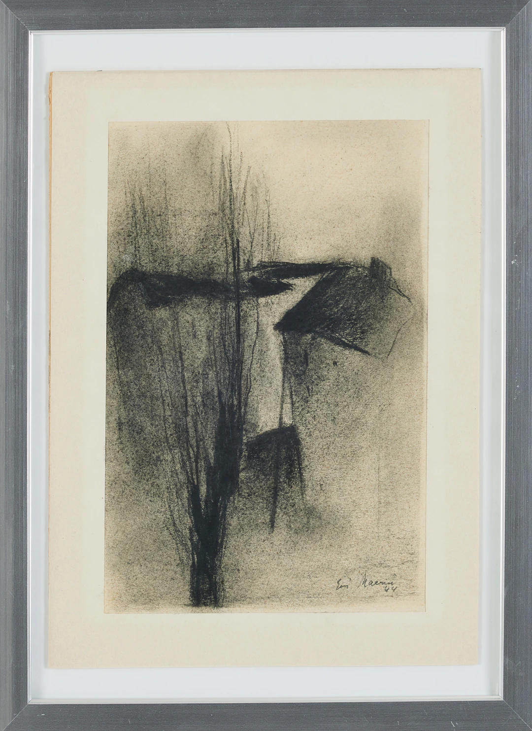ELVI MAARNI (FINLAND, 1907-2006). Komposition med hus, kolkrita.