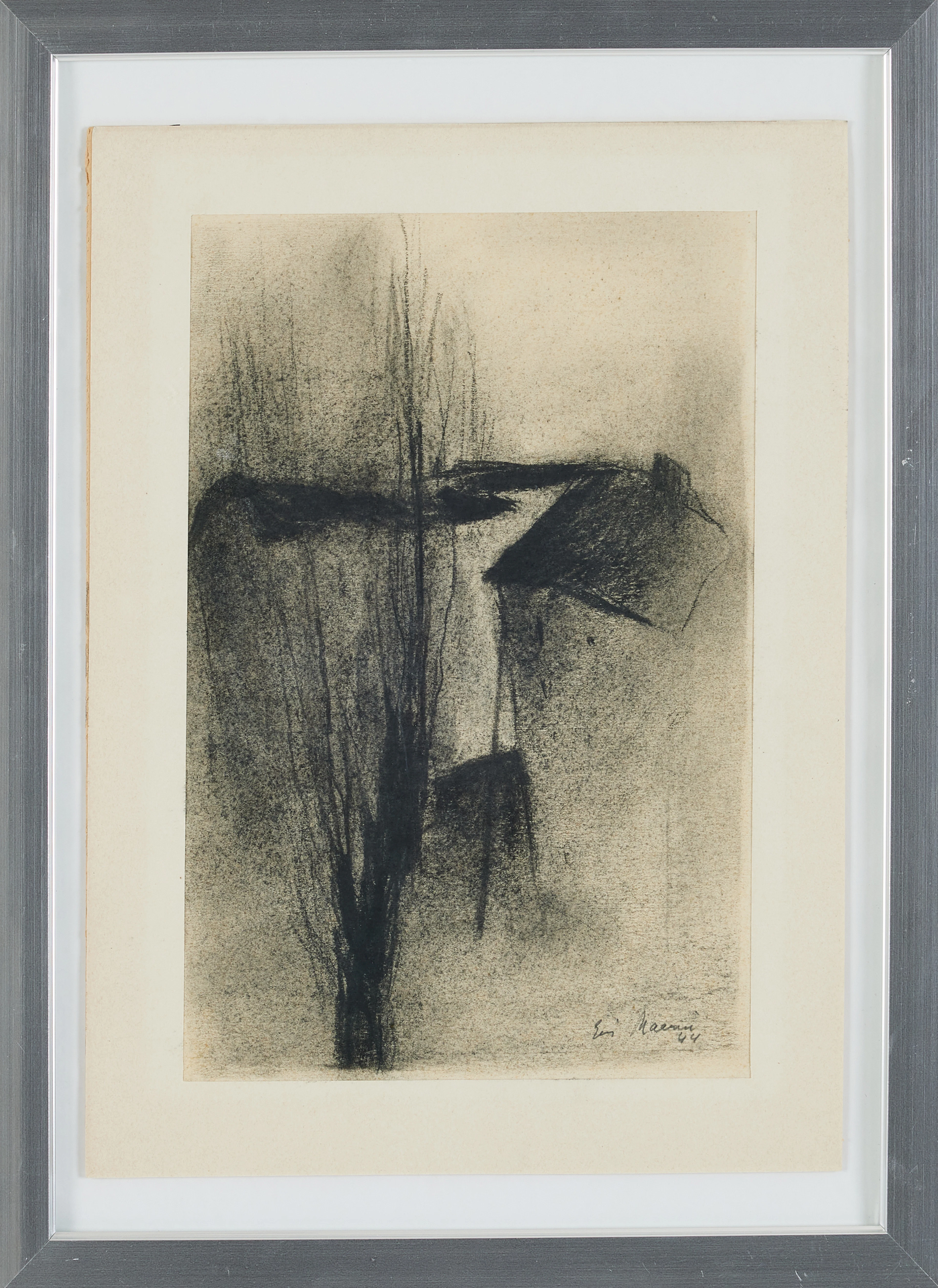 ELVI MAARNI (FINLAND, 1907-2006). Komposition med hus, kolkrita.