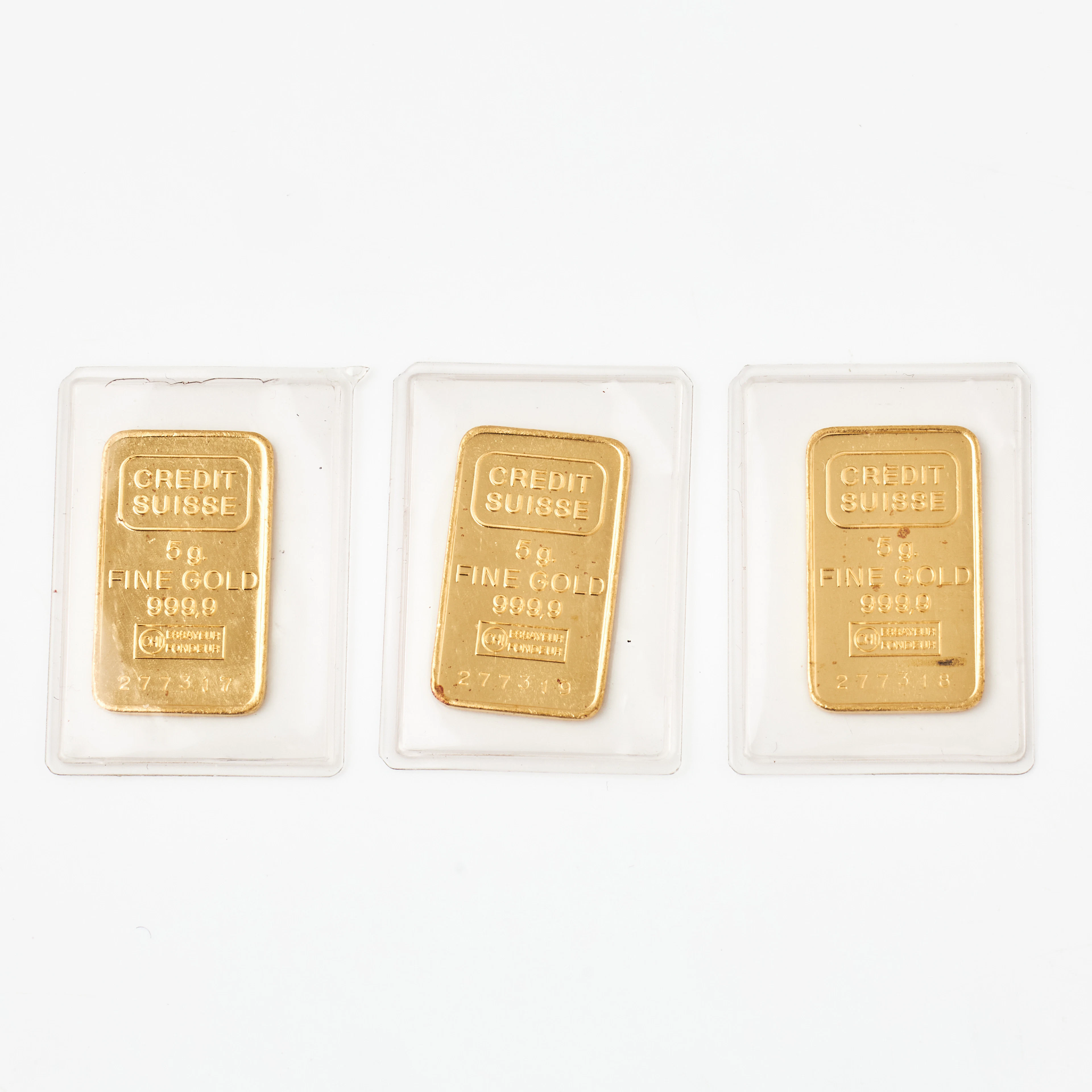 GULDTACKOR, tre stycken, 999.9/23K guld, Credit Suisse.