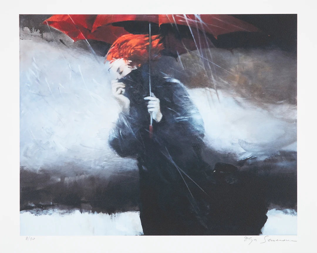 OLGA SEMENOVA. Kvinna med rött paraply, pigment print, signerad, numrerad 8/90.