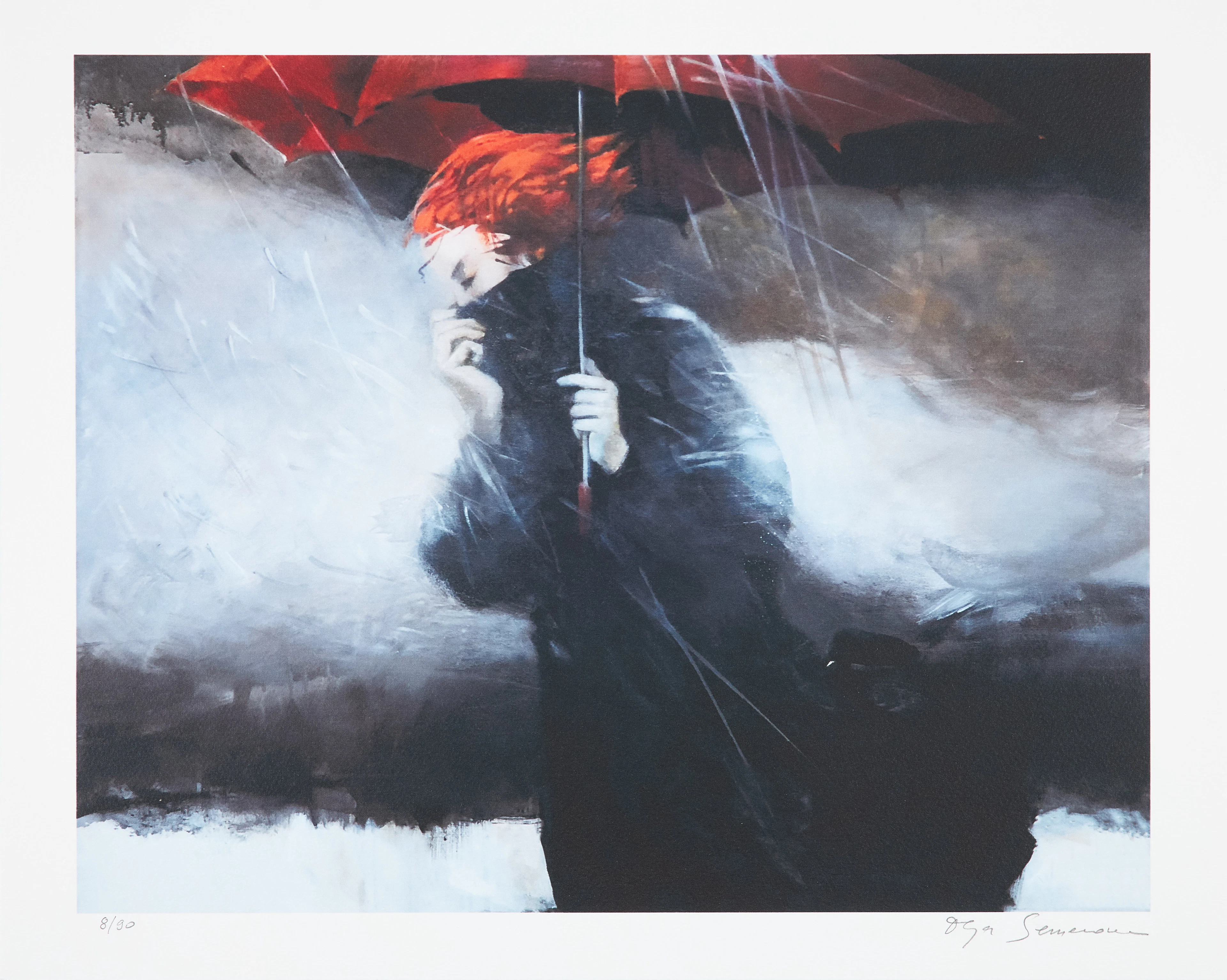 OLGA SEMENOVA. Kvinna med rött paraply, pigment print, signerad, numrerad 8/90.