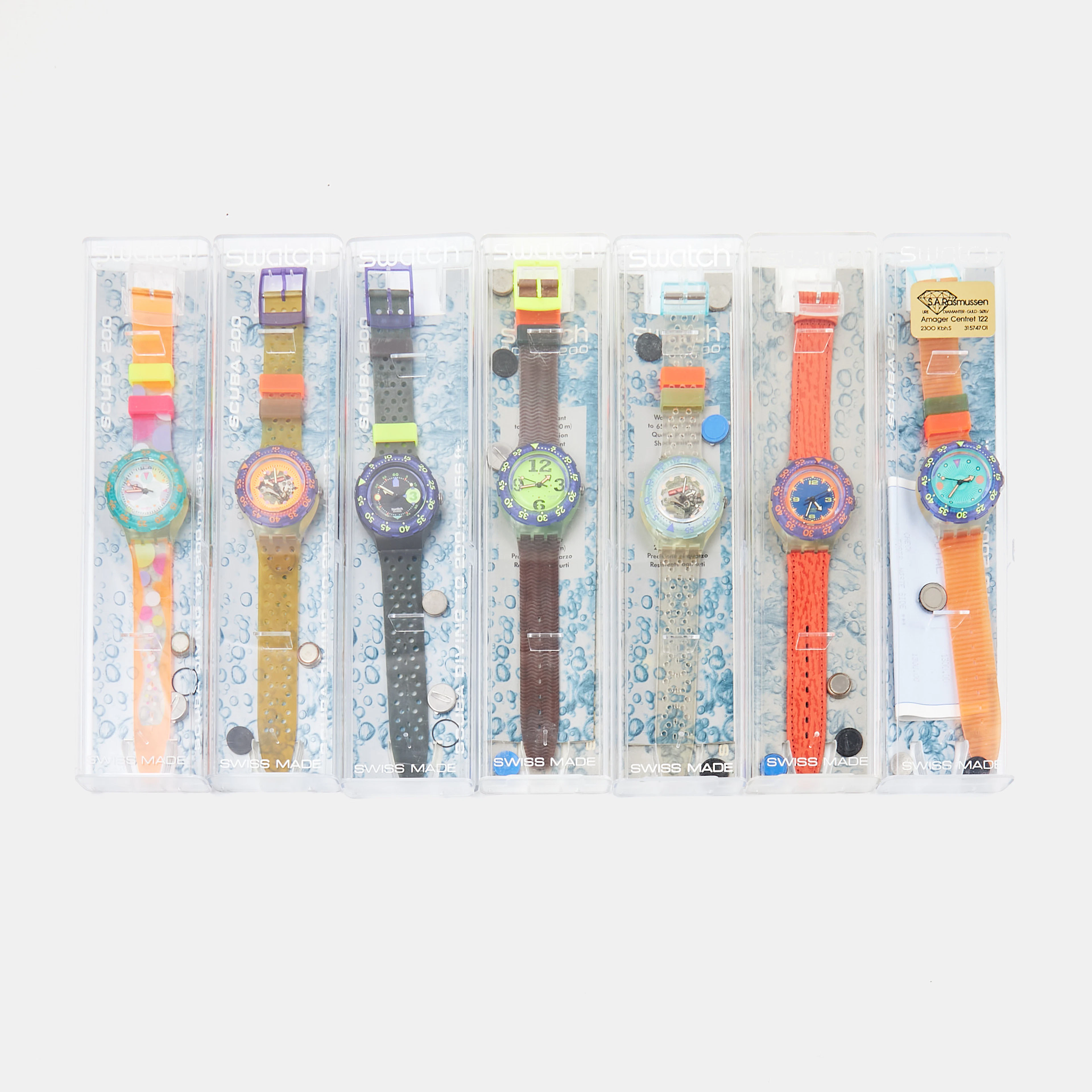 SWATCH, 7 styck, Scuba 200, samling armbandsur, 1980/1990-tal, i