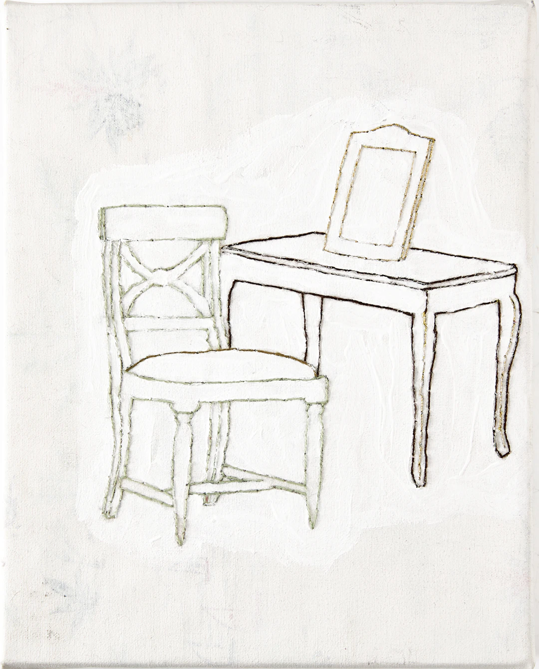 IBEN DALGAARD ( f. 1961) Stol och bord, collage med måleri och broderi.