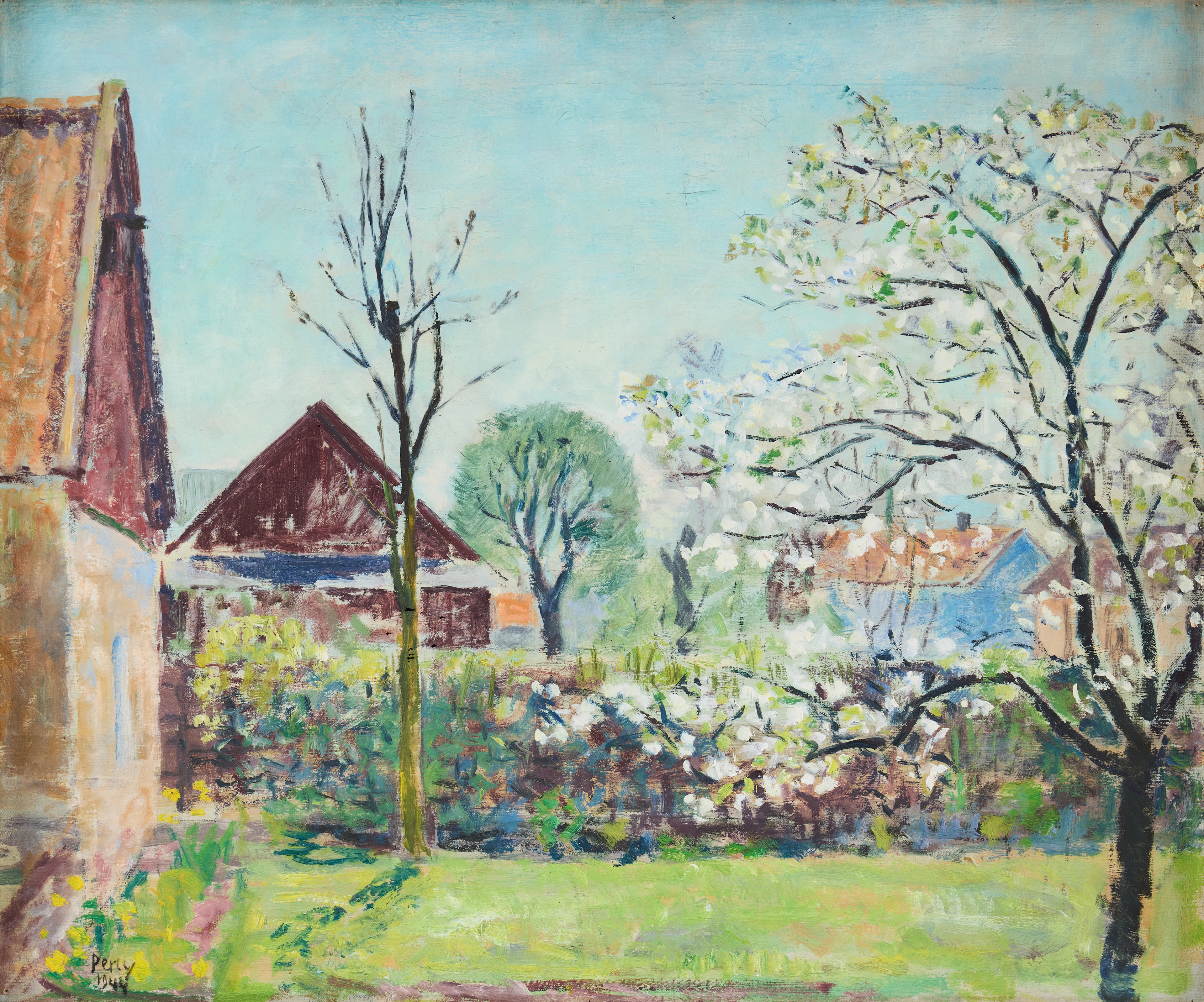 ARTHUR PERCY. "Husgavlar och blommande träd".