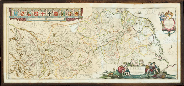 STOR DEKORATIV KARTA ÖVER FLODEN RHEN AV BLAEU, ca 1640.