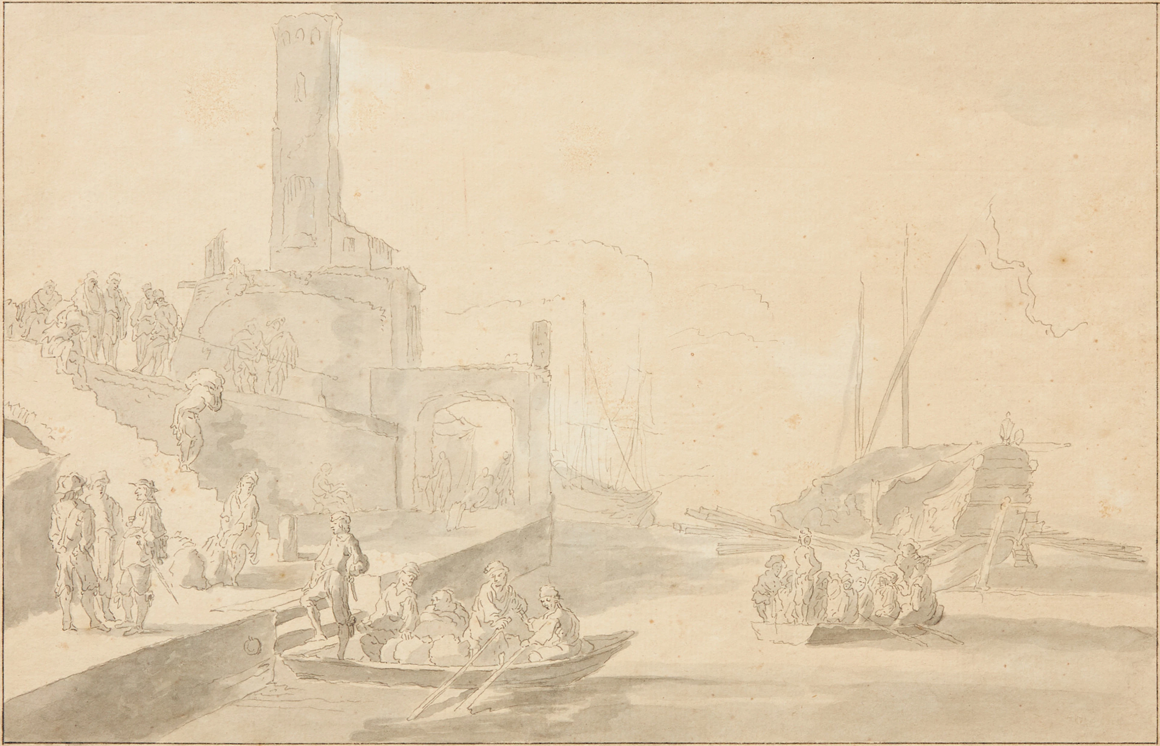 OIDENTIFIERAD KONSTNÄR. Hamnmotiv, tuschlavyr på papper, omkring år 1800.