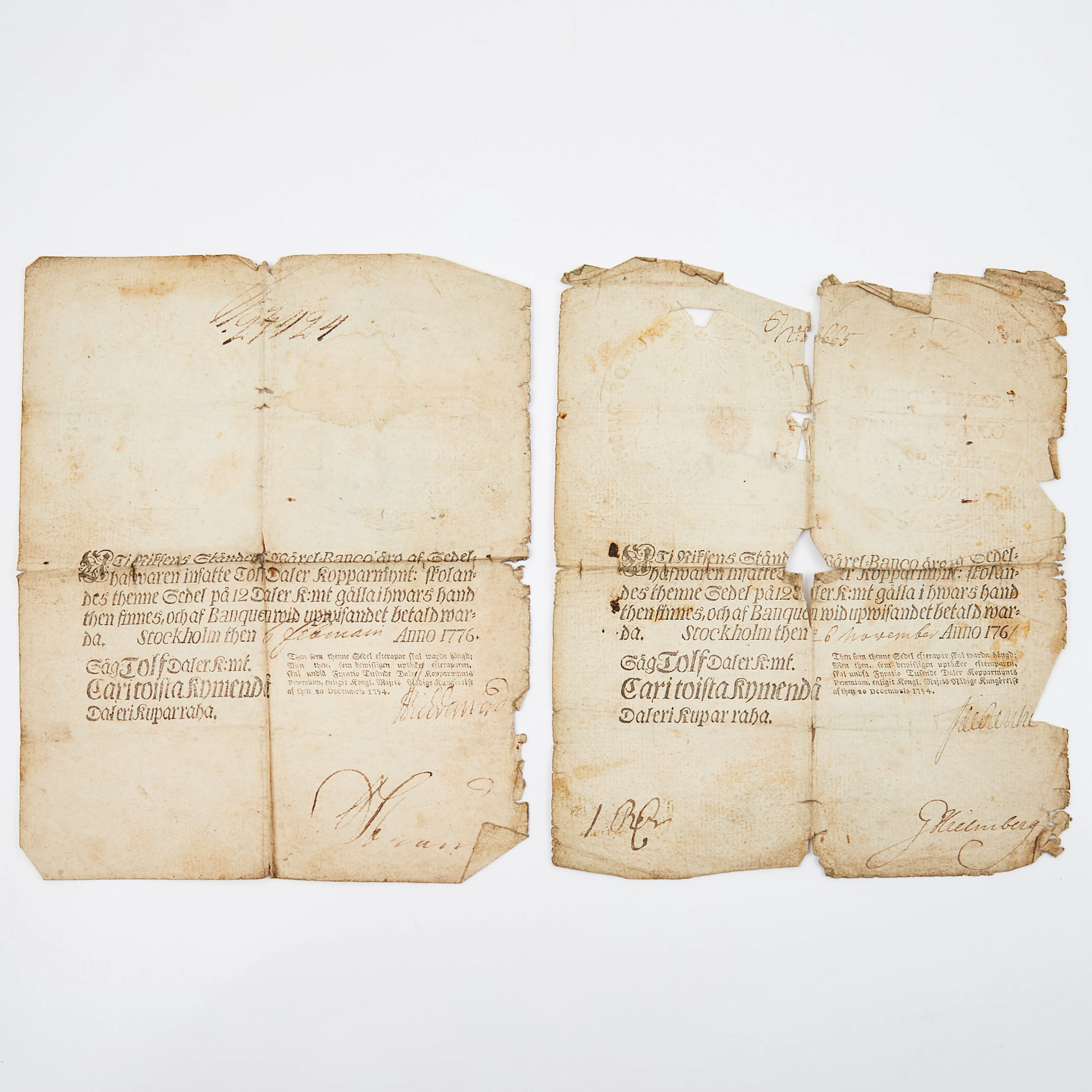 BANKOSEDLAR, 2 st, 12 Daler Kopparmynt, 1761 samt 1776, Stockholms banco.