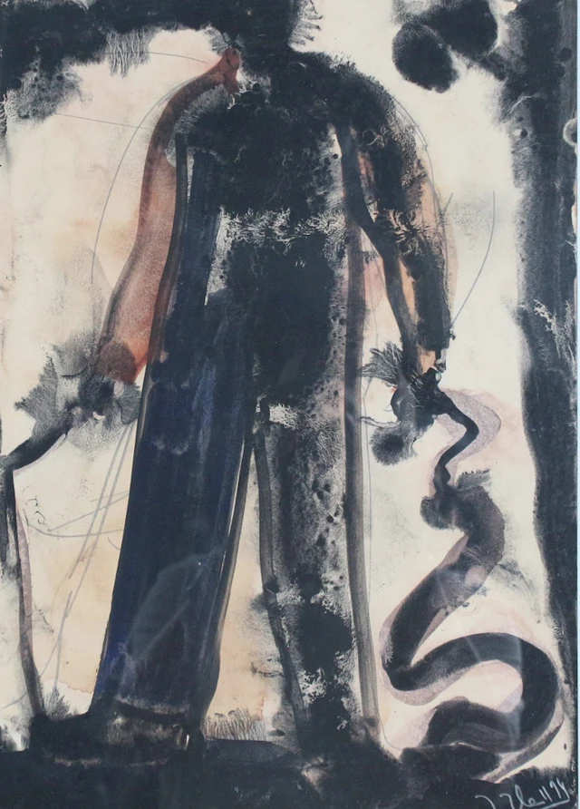 JÖRG HEROLD (1965). (bk), Tempera/Papier, '' Starker Mann mit Peitsche