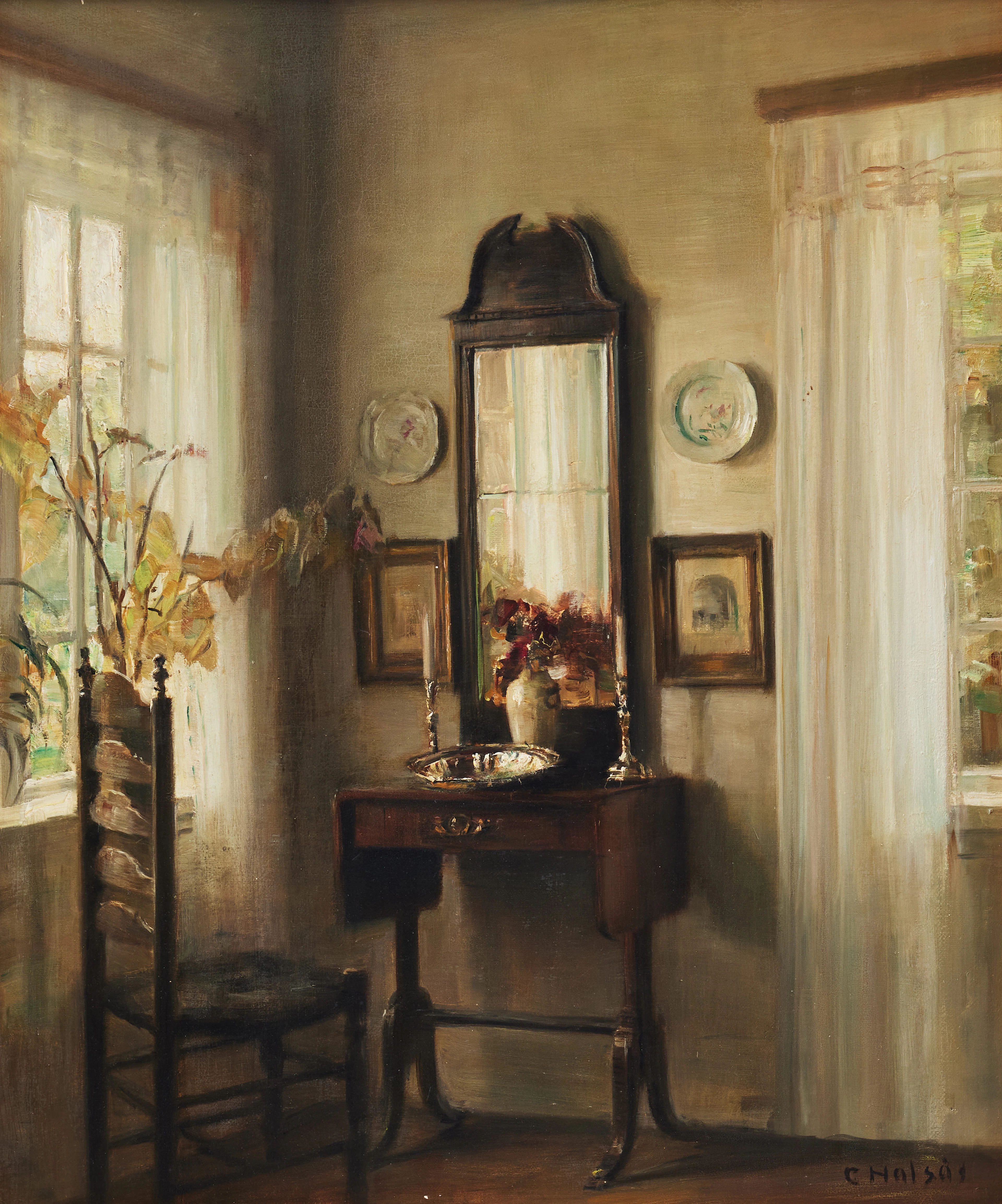 CARL HOLSØE. Interior with mirror and chair.