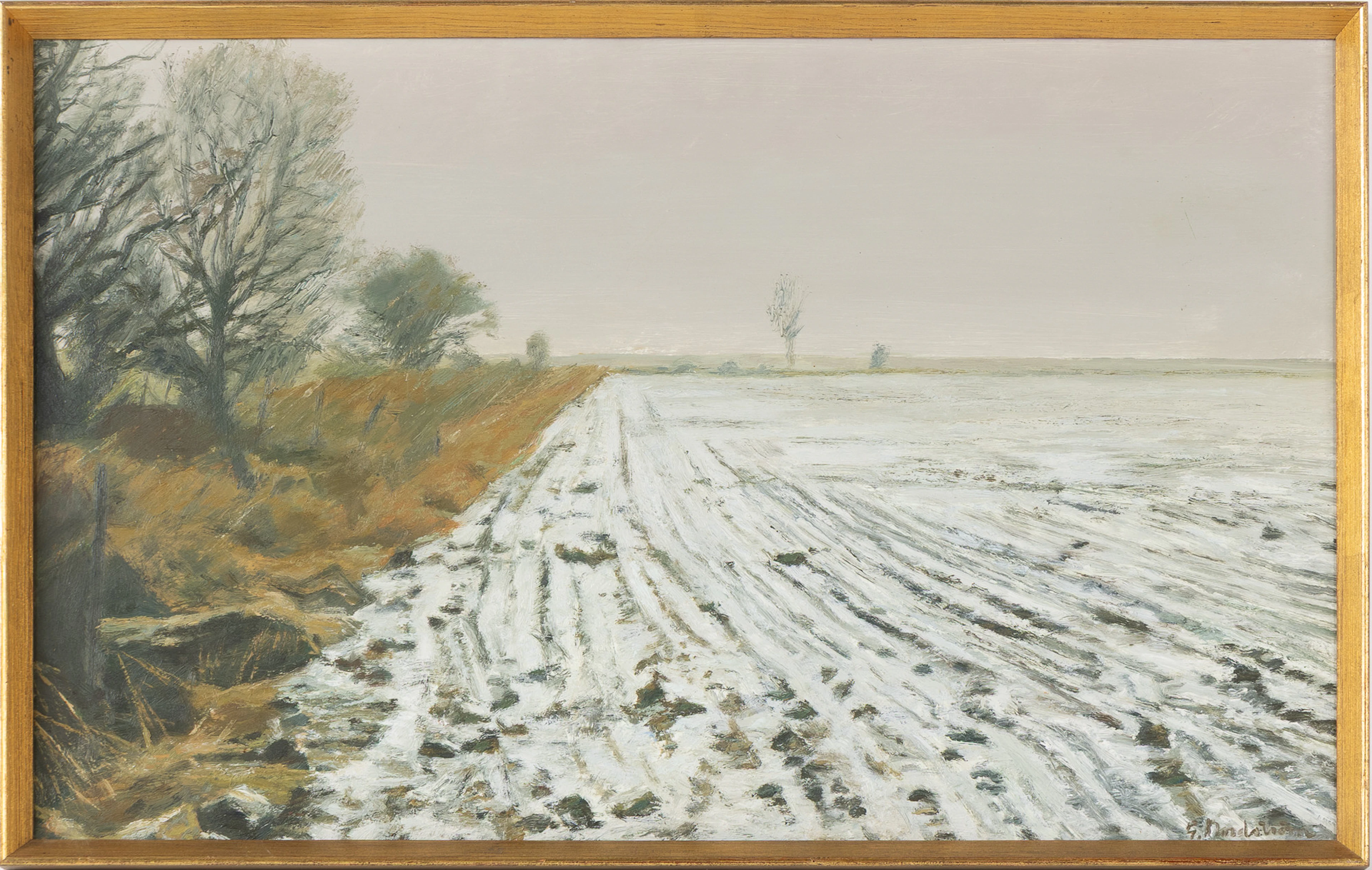 GERHARD NORDSTRÖM. Åker i vinterskrud, olja på pannå, signerad.