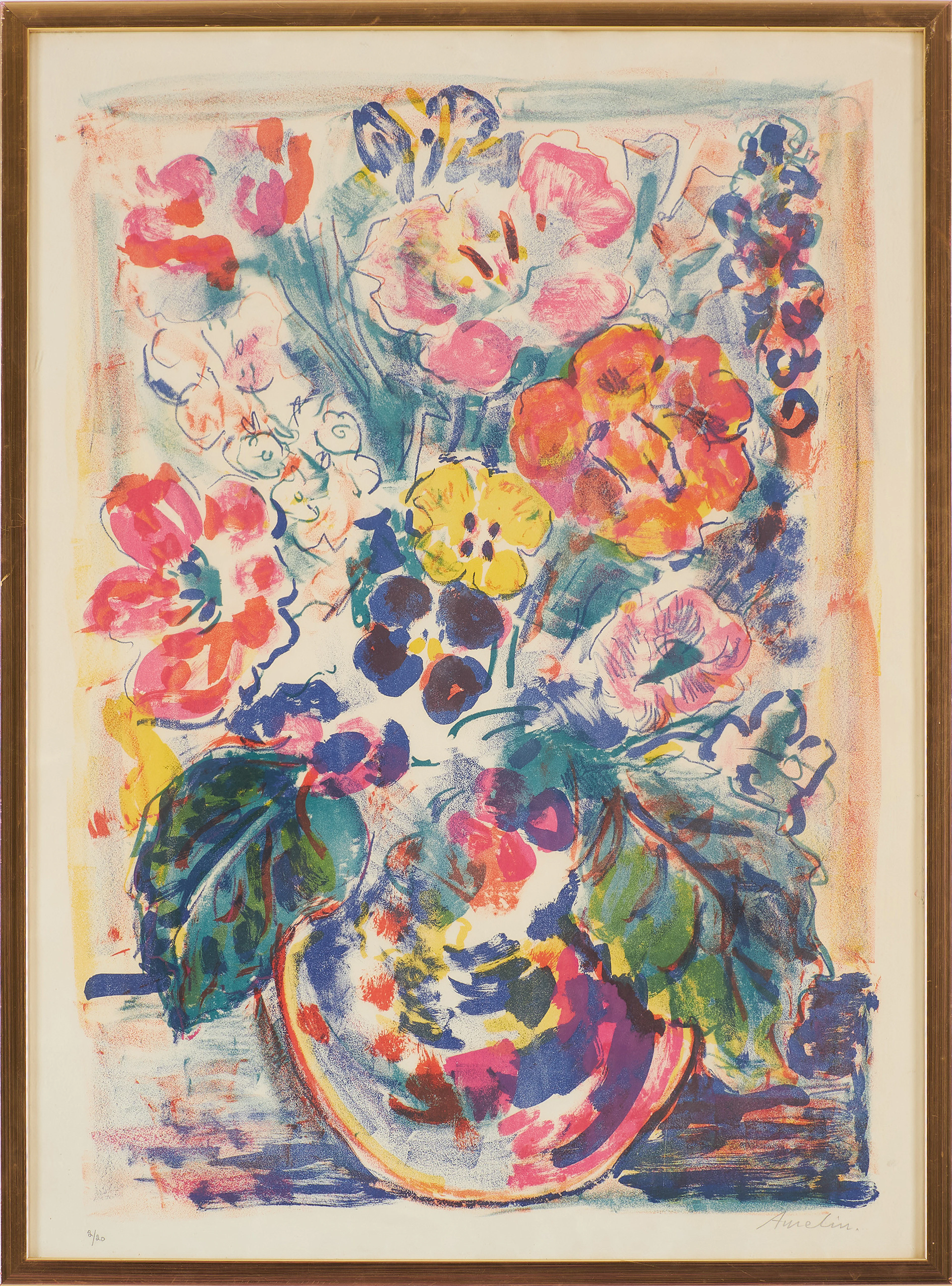ALBIN AMELIN. Blomsterstilleben, färglitografi, signerad, numrerad 2/20.