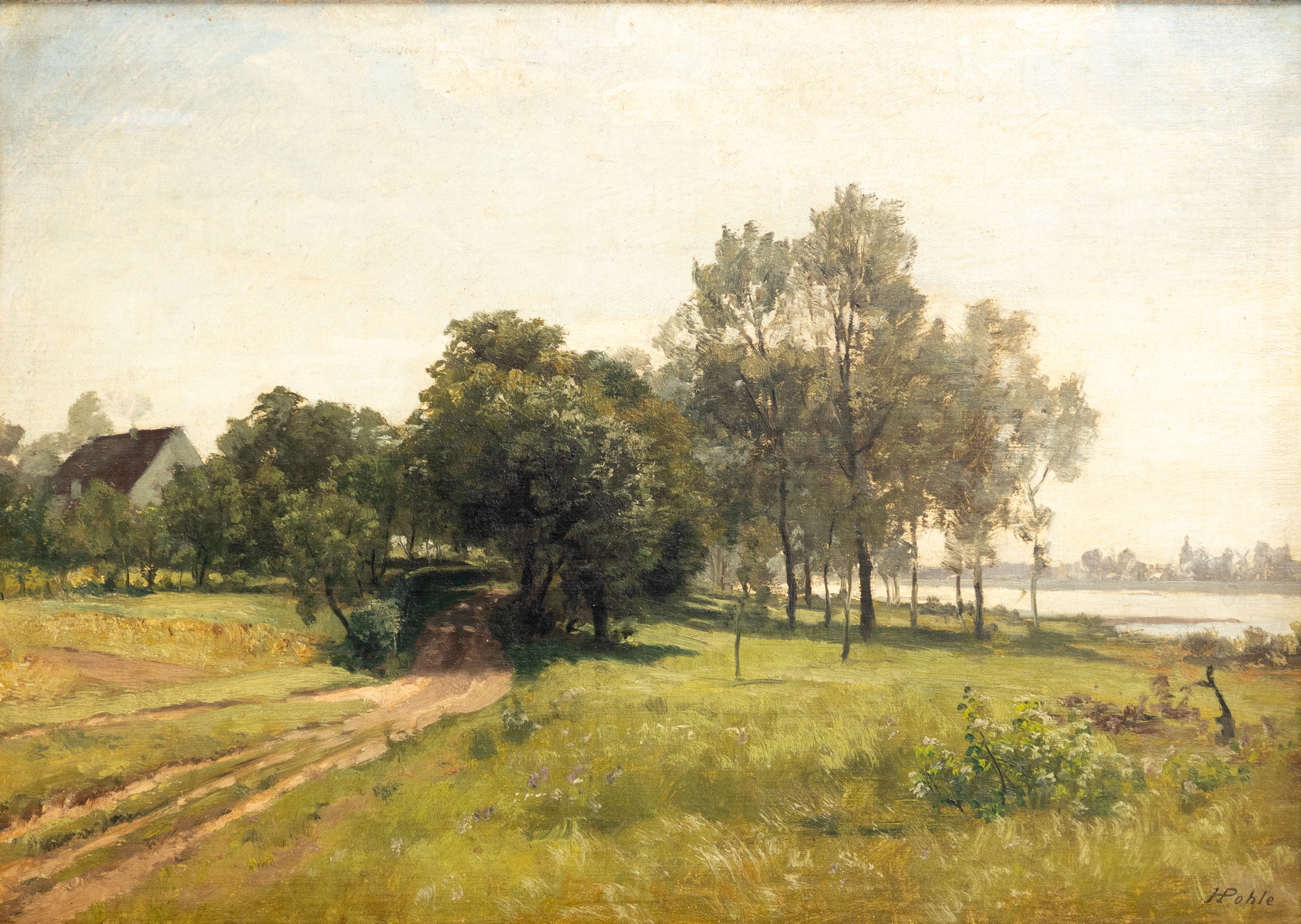 HERMANN POHLE (1831-1901). Weg zur Rheinfähre mit Blick auf Zons.